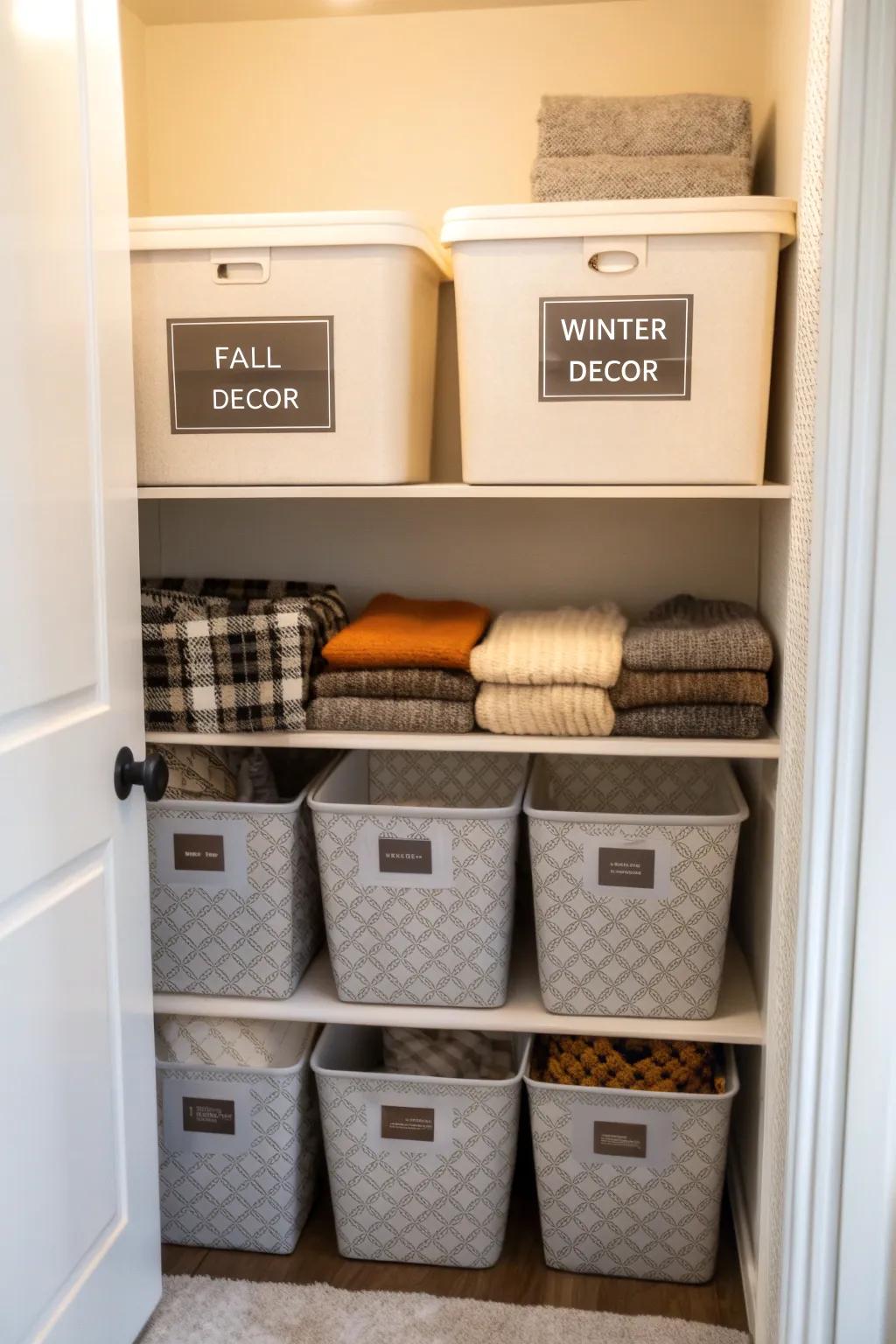 Labeled containers simplify seasonal decor swaps.