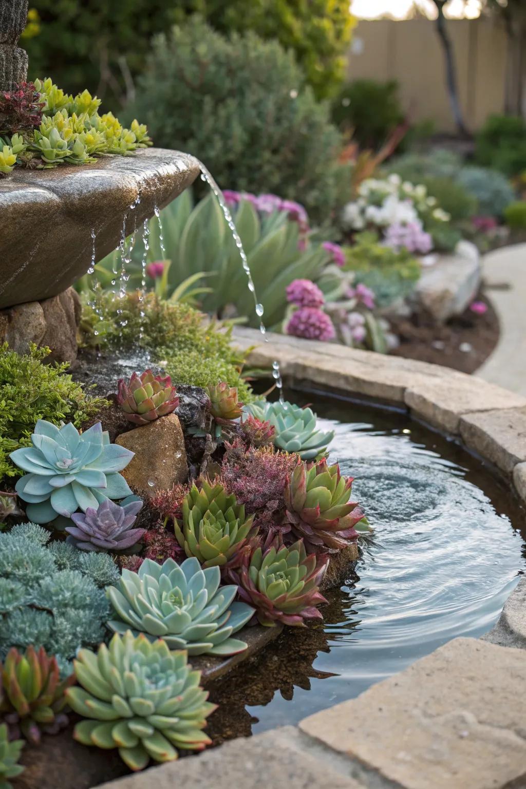 A tranquil space hydration feature bordered by lush succulents.