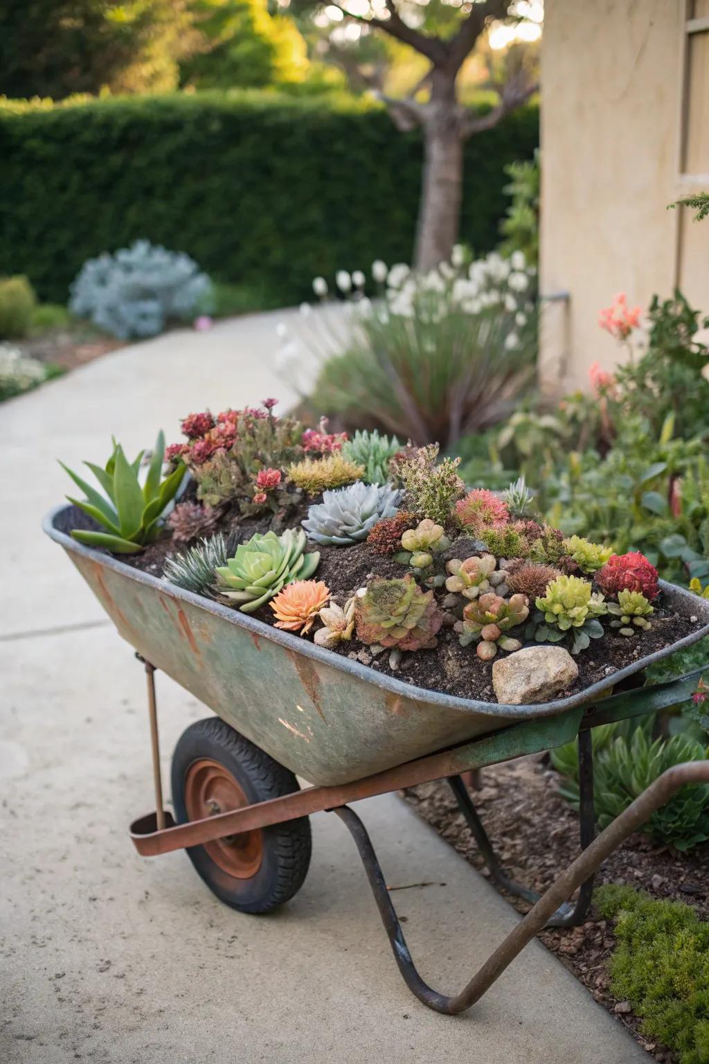 A wheelbarrow display introduces rustic elegance and whimsy to the garden.