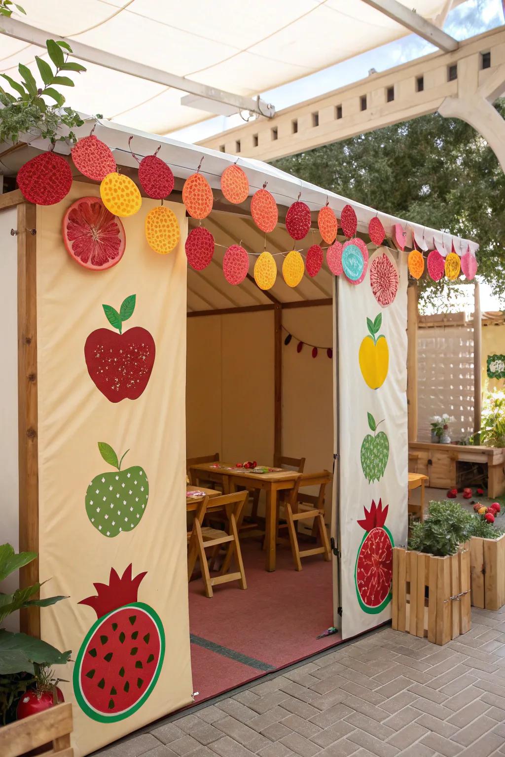 A playful sukkah featuring colorful do-it-yourself fruit silhouettes of pomegranates and apples.
