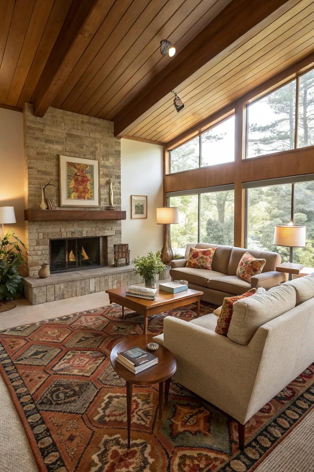 A sunken living room with mid-century modern style.