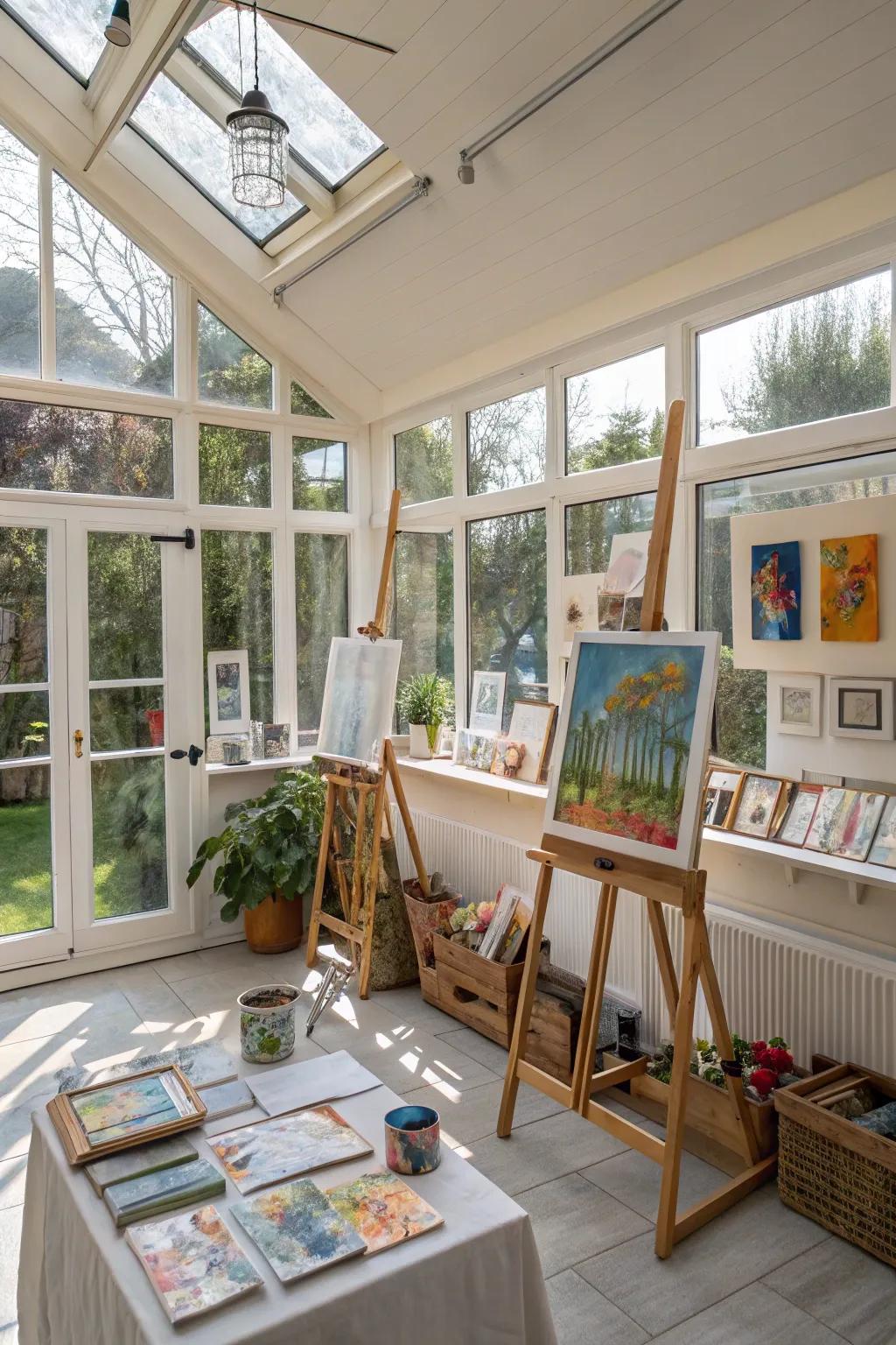 A creative studio sunroom flooded with natural light.