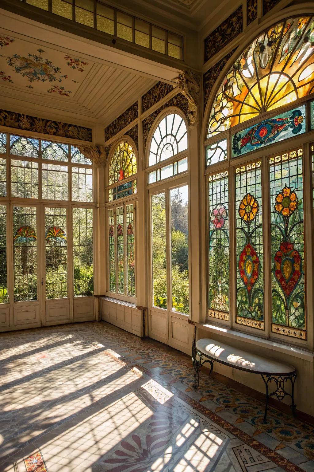 Colored glass windows add color and artistry to your sunroom.