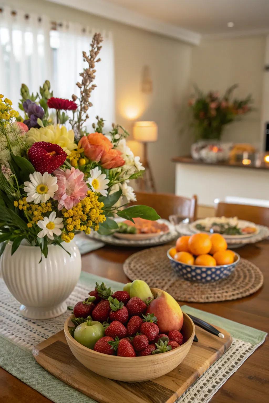 A vivid centerpiece blending fruits and flowers to gain a revitalizing visual.