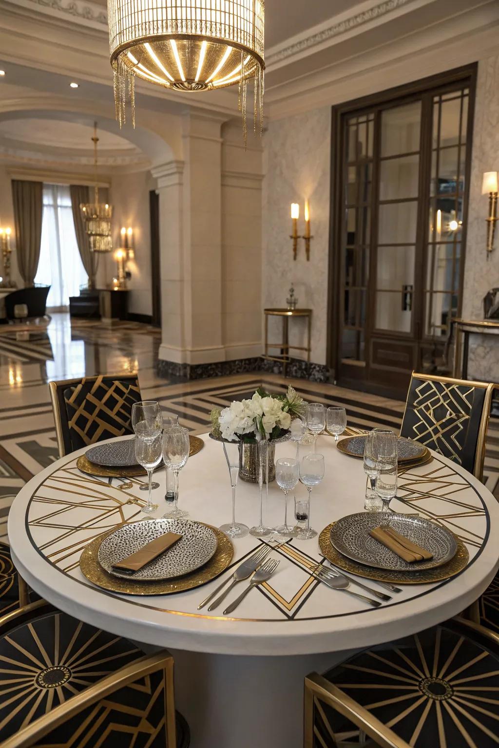 A Creative Era table arrangement showcasing geometric designs and metallic accents.