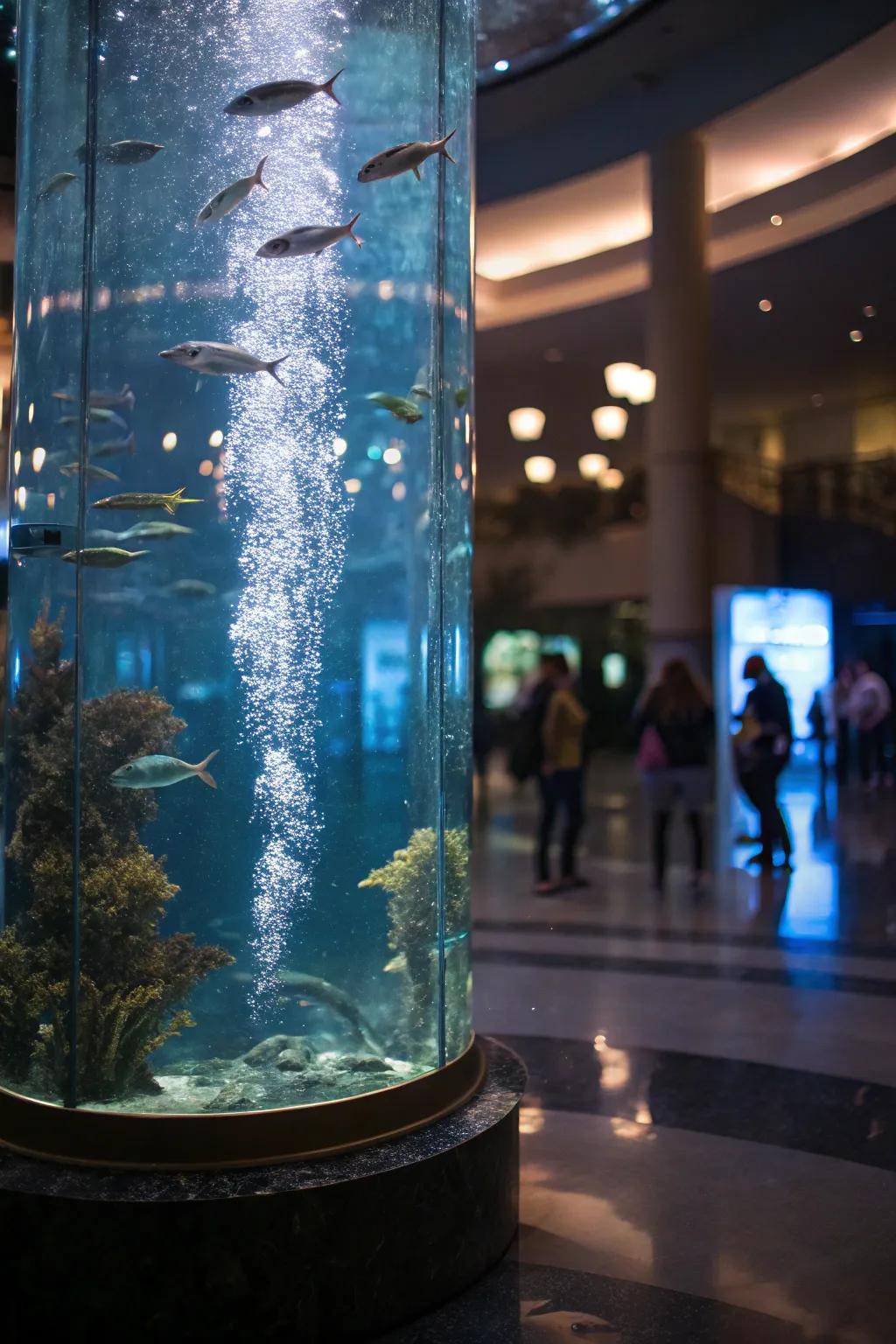 A towering aquarium showcasing a reflective aqueous facet, injecting dimension.