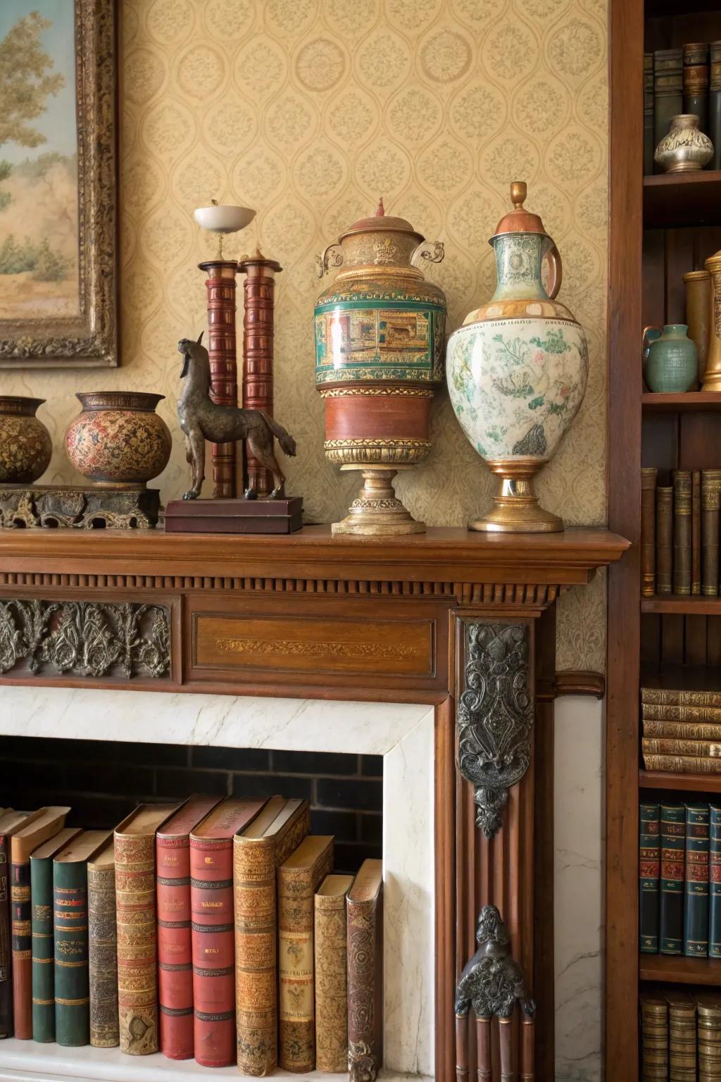 A tall mantel that emphasizes decorations with vintage pieces for extra charm.
