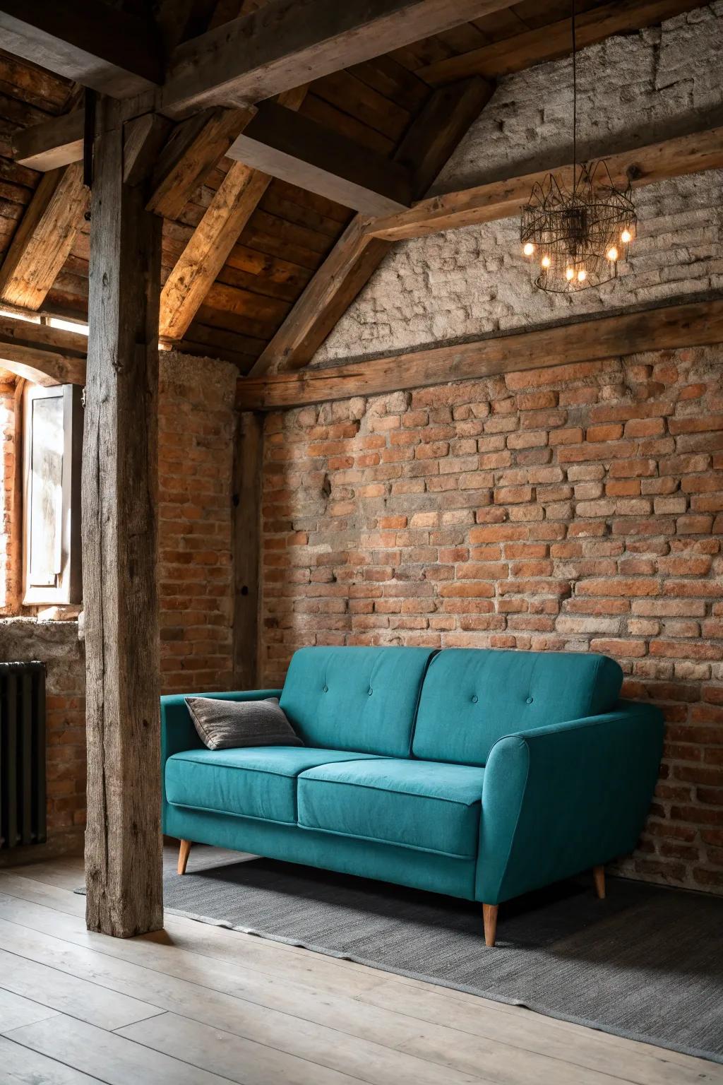 Unrefined components infuse warmth and texture to a cobalt settee setting.