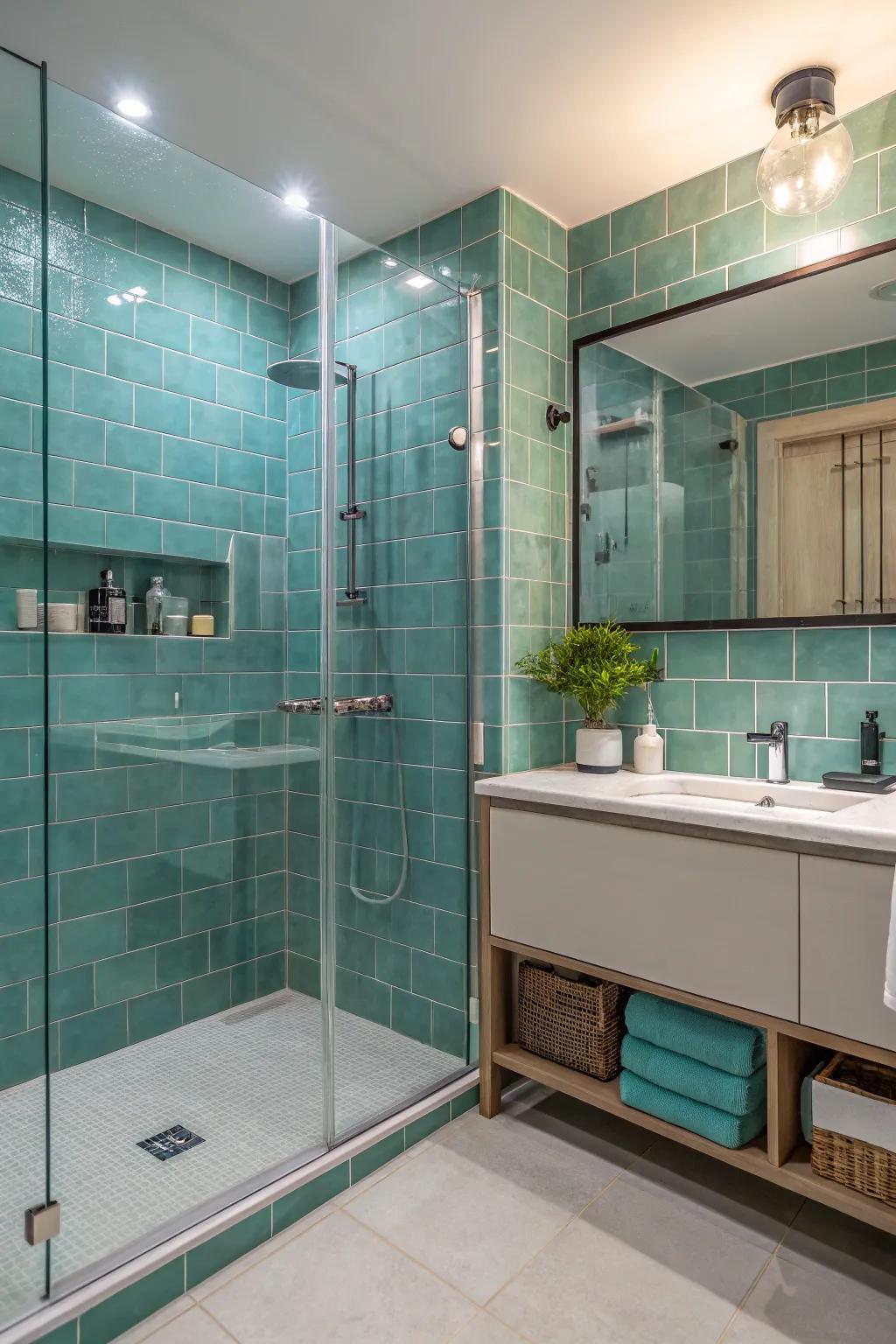 Turquoise ceramics and modern fixtures transform your bathroom into a spa retreat.