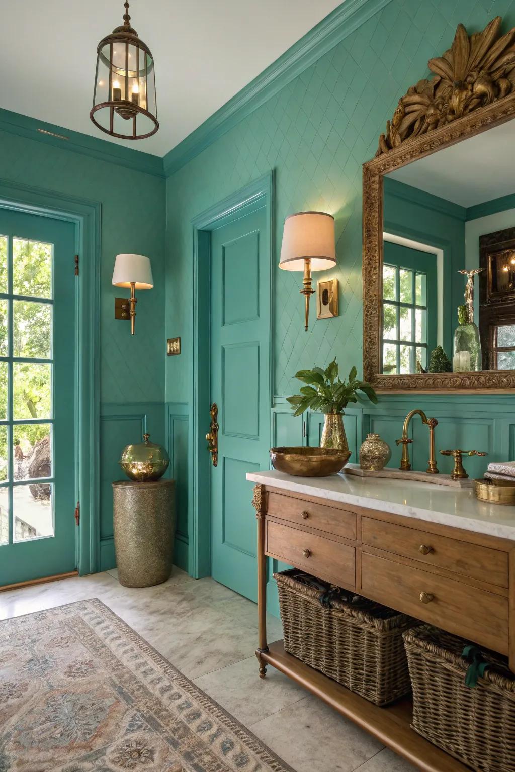 Vintage charm featuring turquoise walls and brass highlights.