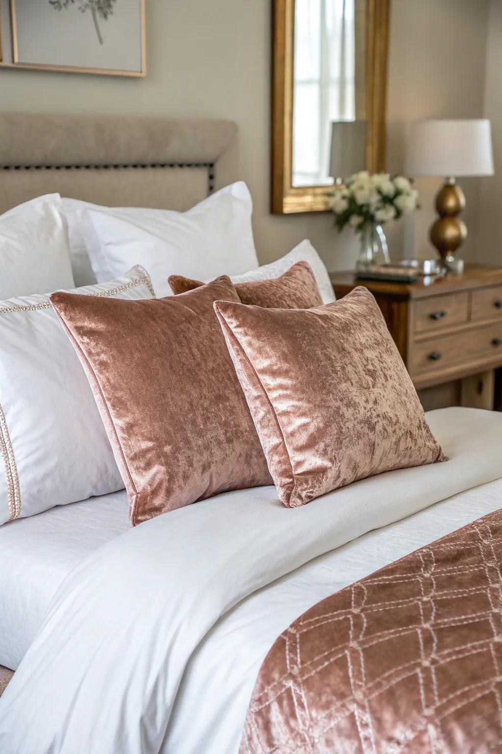 Velvet rose gold pillows are a luxurious addition to bedding.