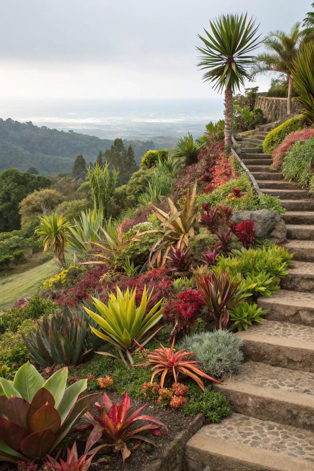 A layered garden showcasing unique plant pairings, creating visually striking contrasts.