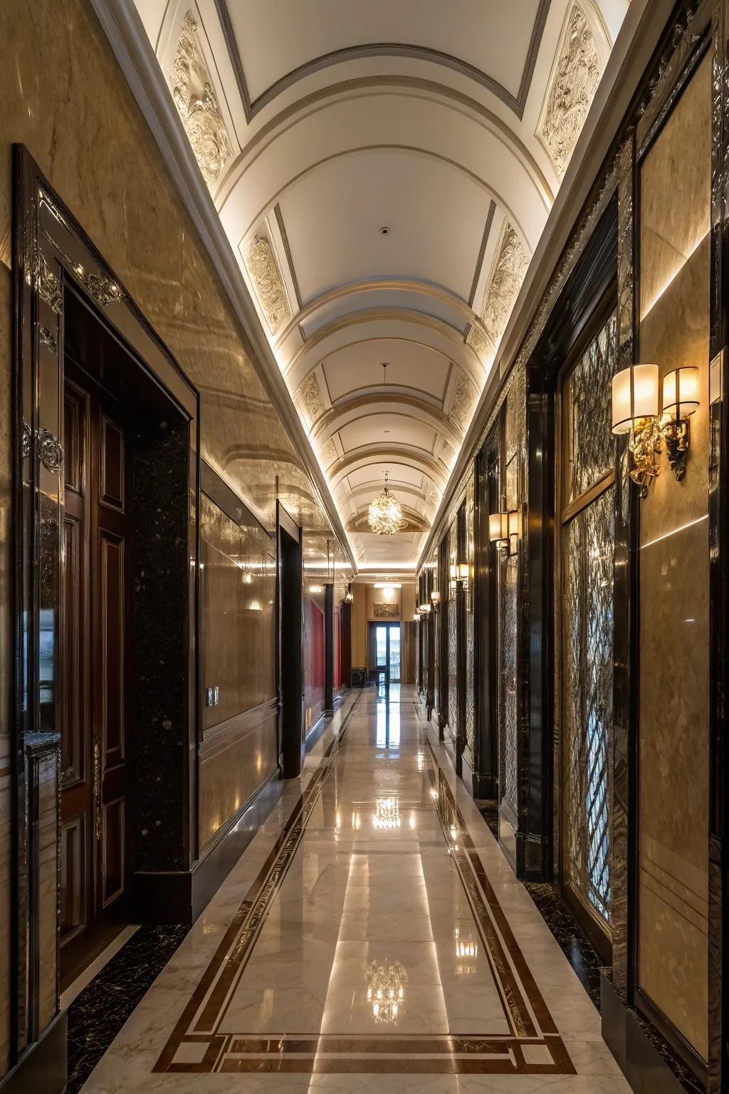 This hallway features walls coated in glossy lacquered paint.