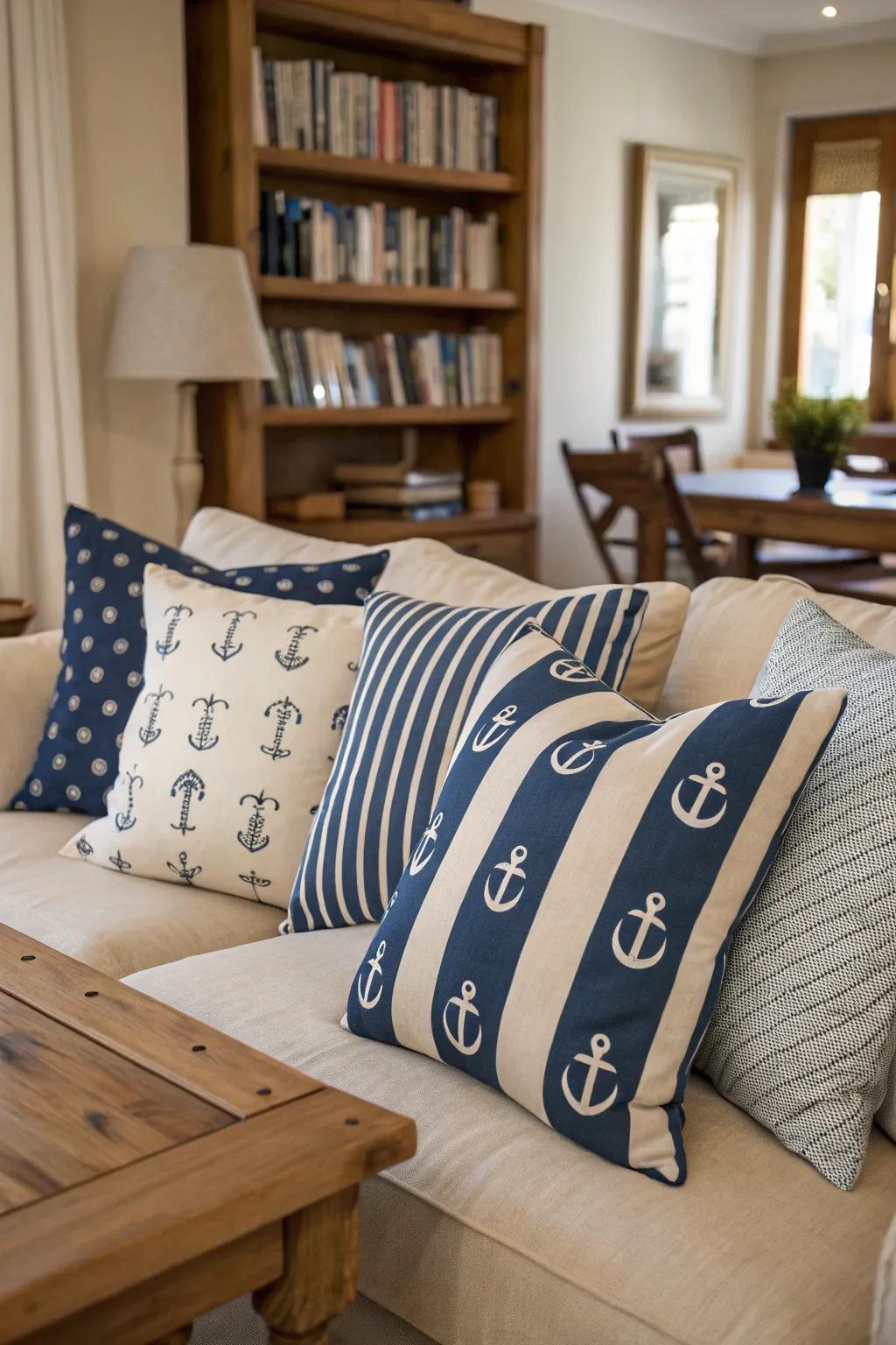 A unified and stylish ocean-themed motif with themed cushions.
