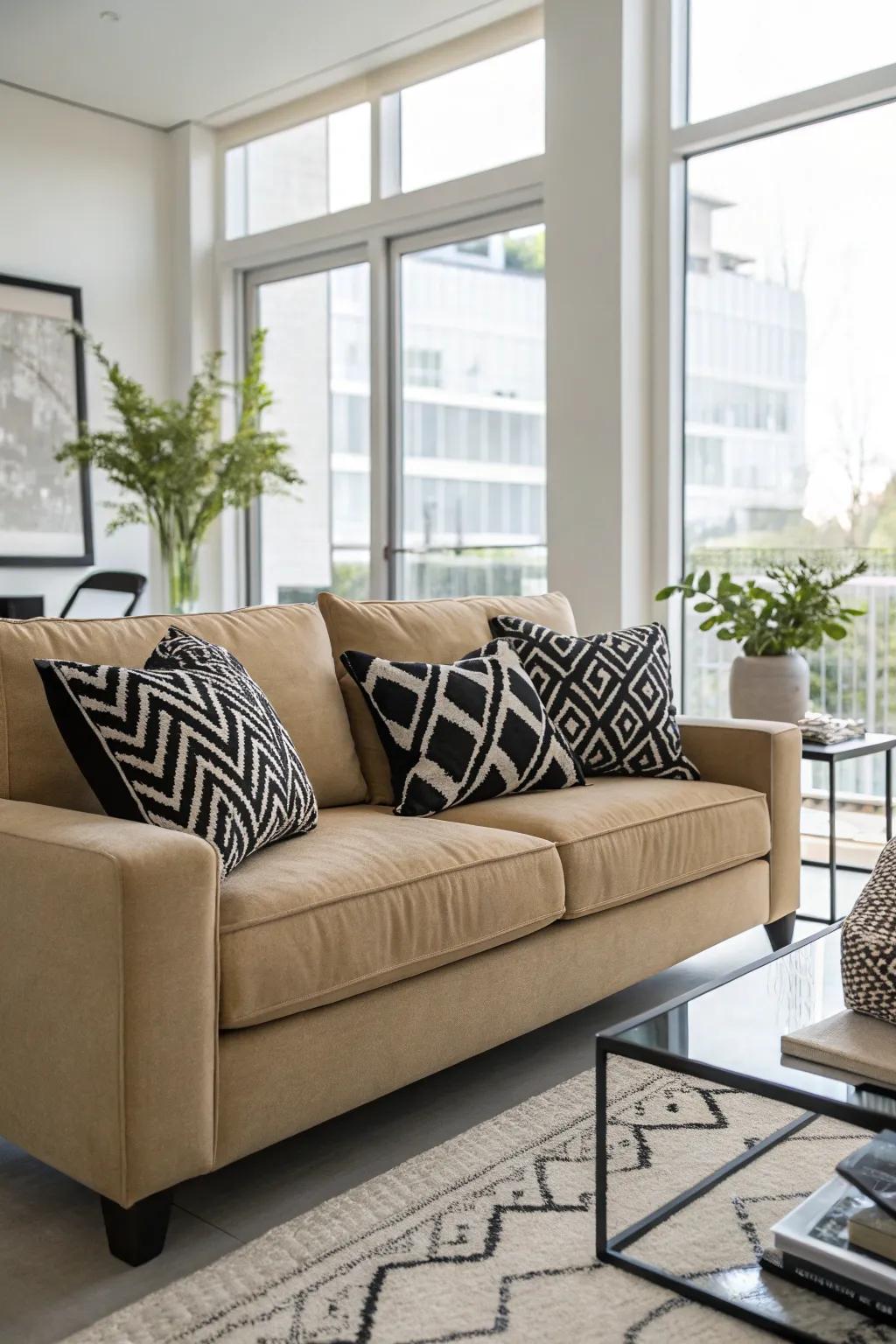 Ebony and ivory pillows create a bold and timeless contrast.