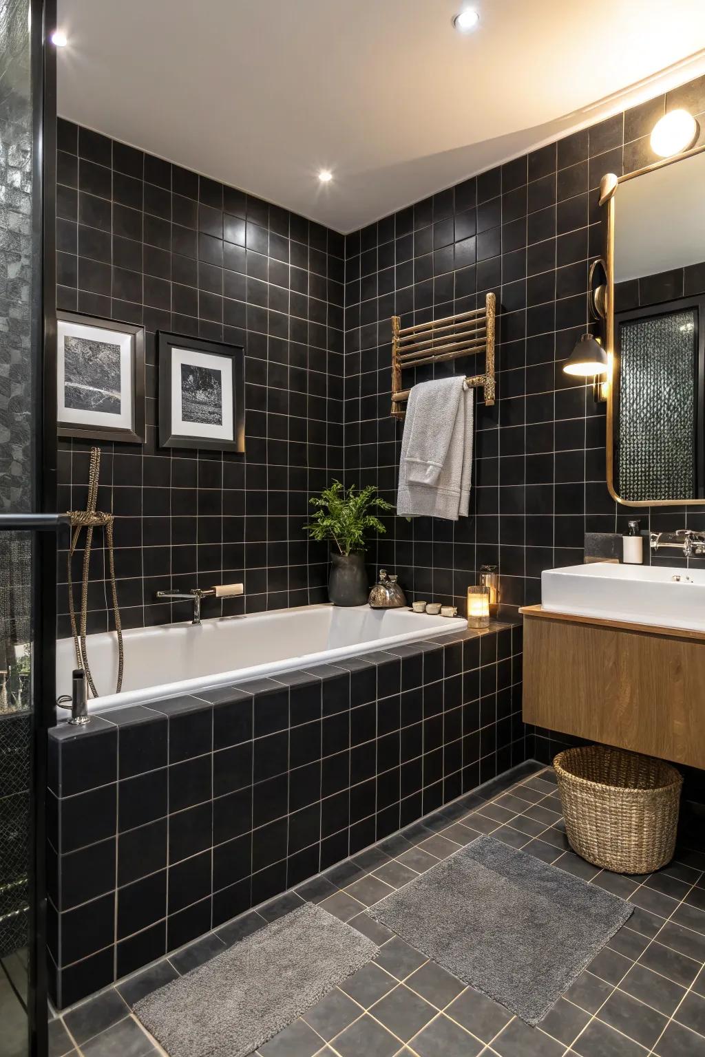 Dark panels craft a dramatic and sophisticated style for your bathtub area.
