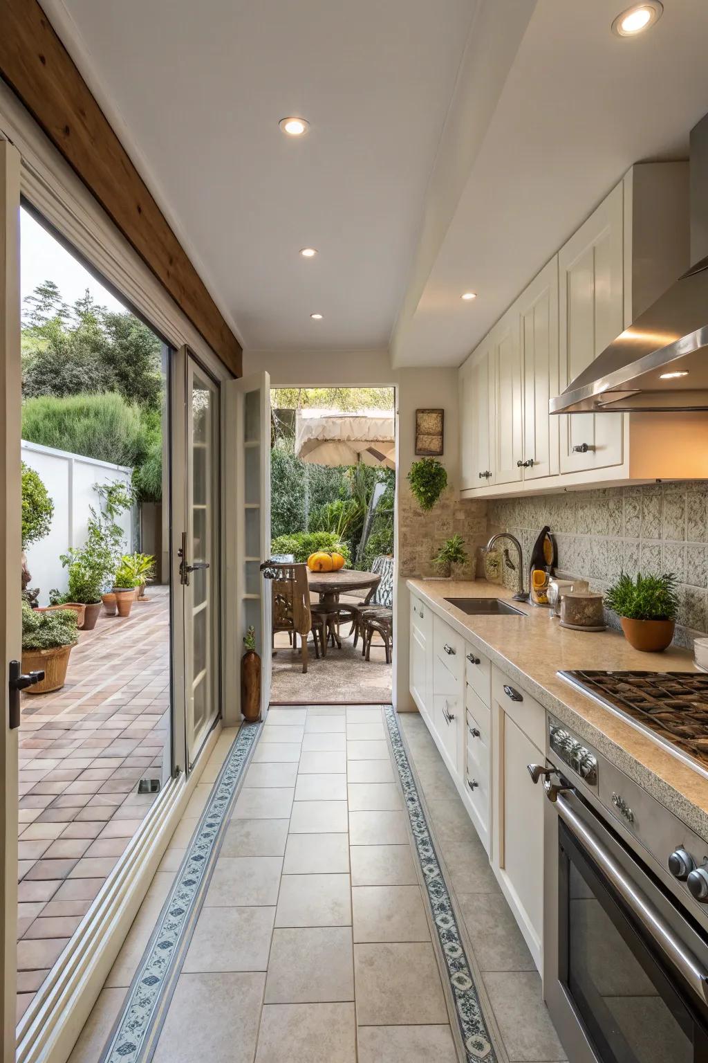 Tile countertops effortlessly blend interior and exterior areas.