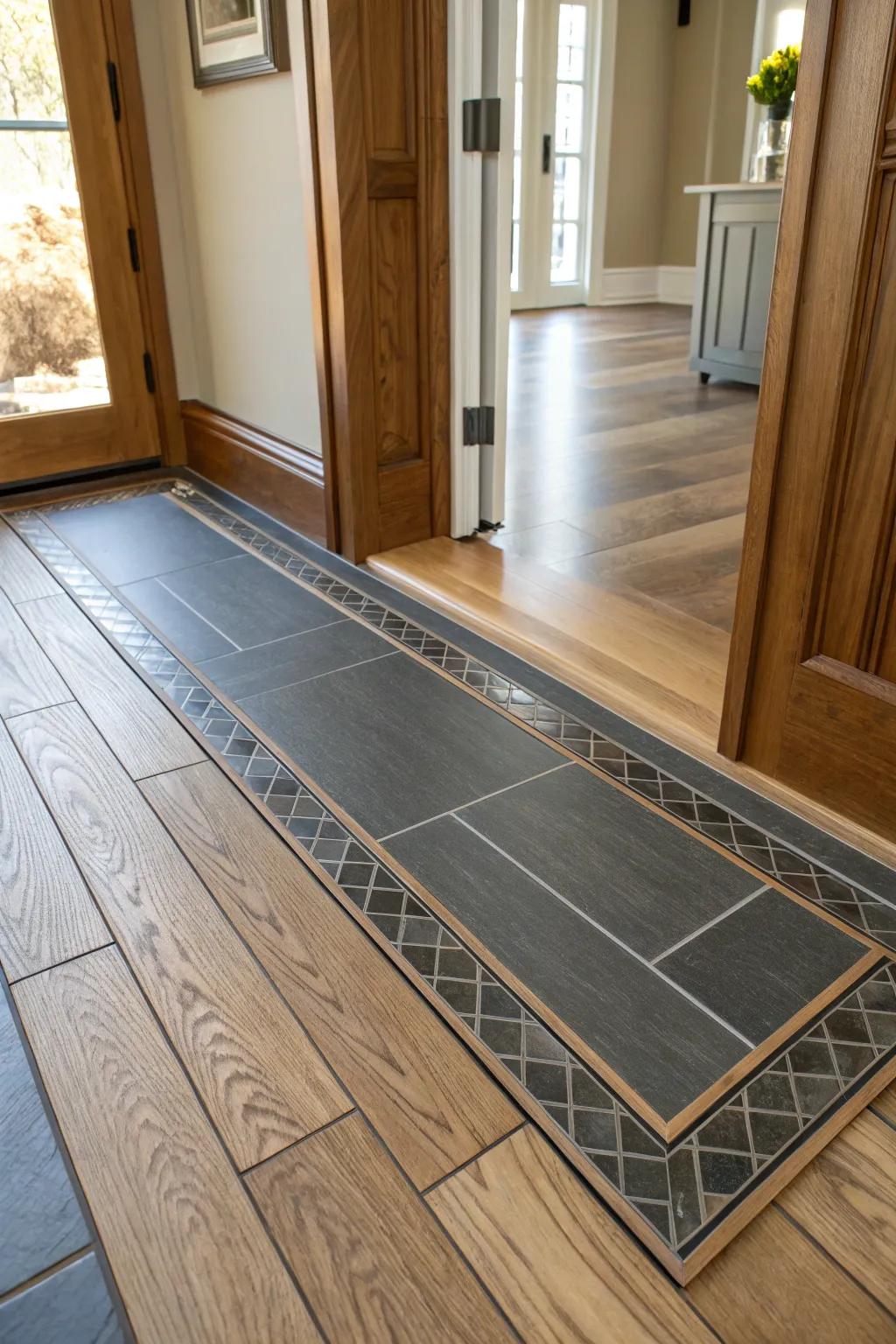Layered inlays create a welcoming transition between tile and wood floors.