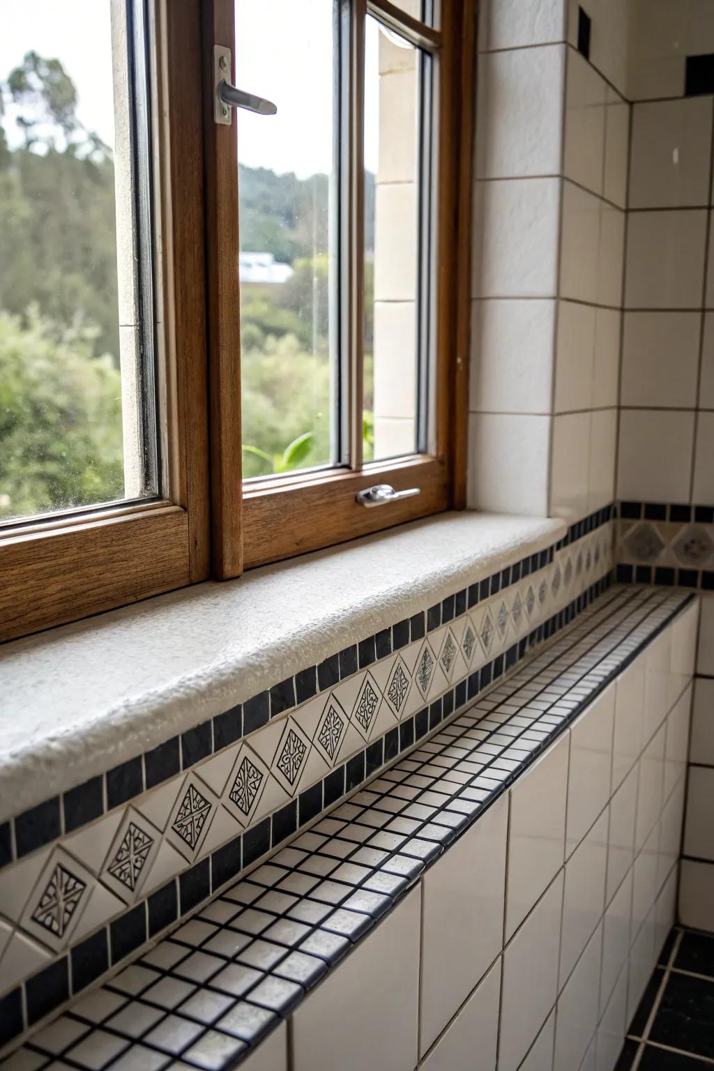Contrasting grout highlights the tiles, adding drama and interest to this bathroom window sill.