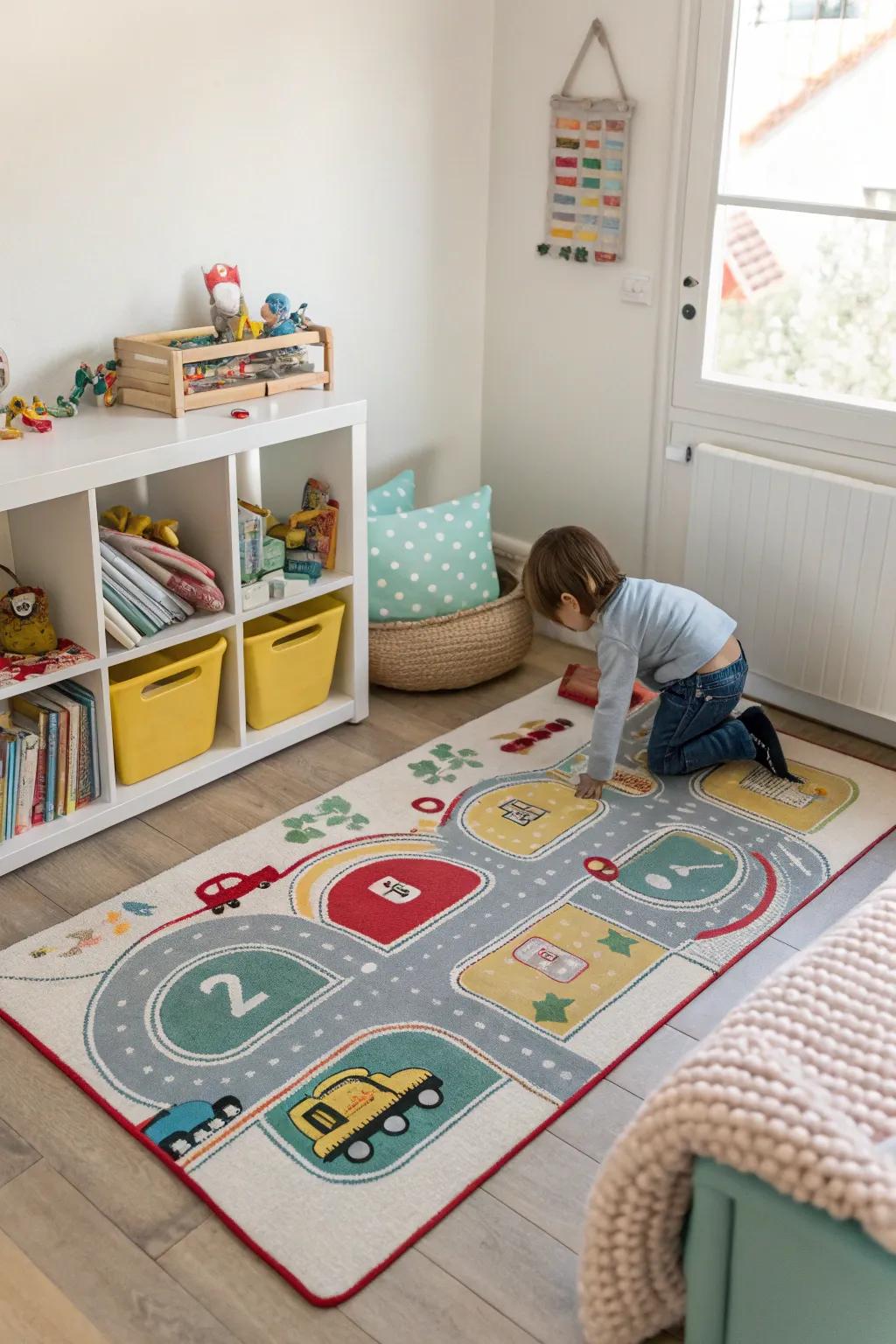 Playful floor covering layouts impart both hue and functionality.