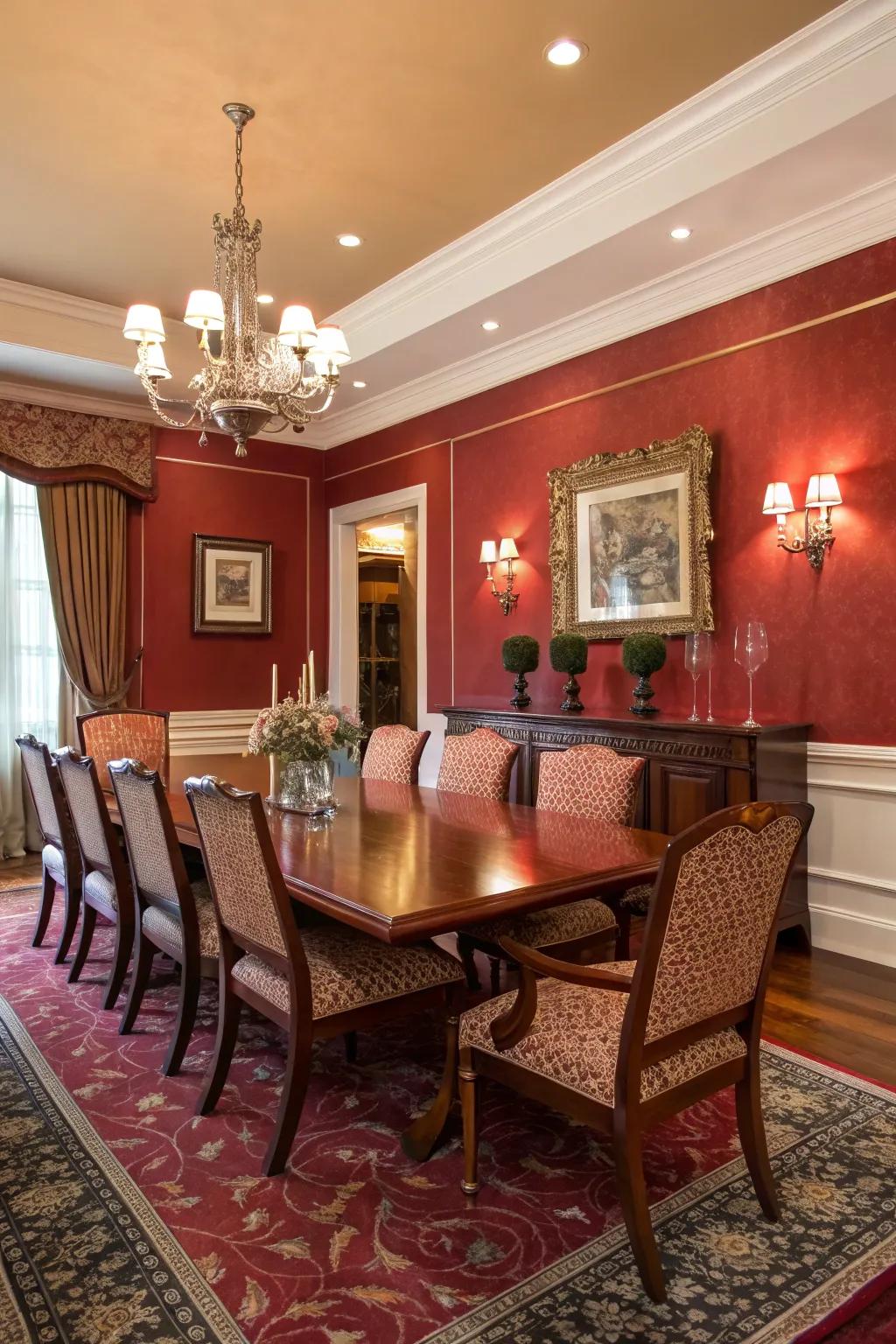 A dining room showcasing walls drenched in red.