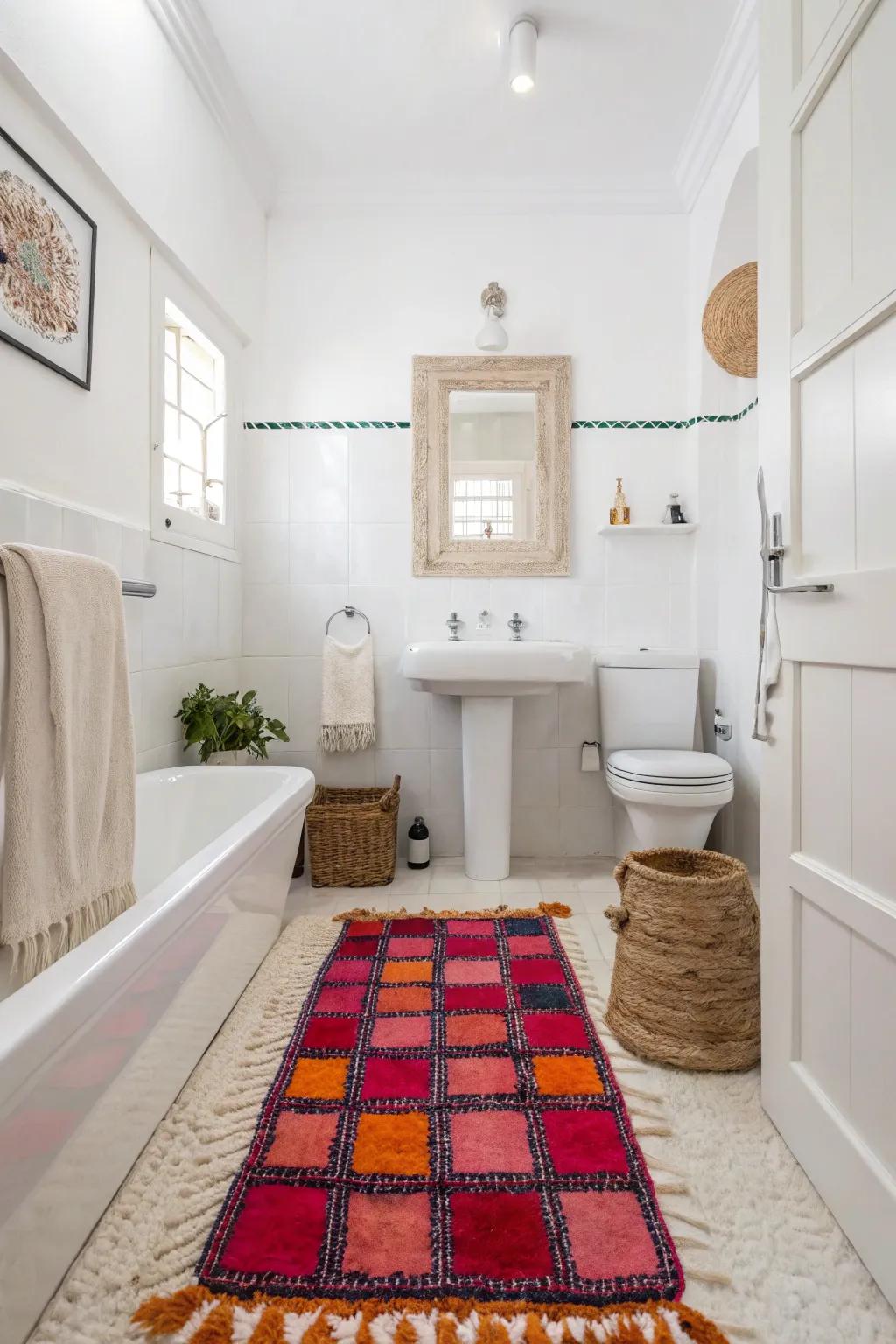 A white bathroom transformed by a striking rug that introduces color and pattern.