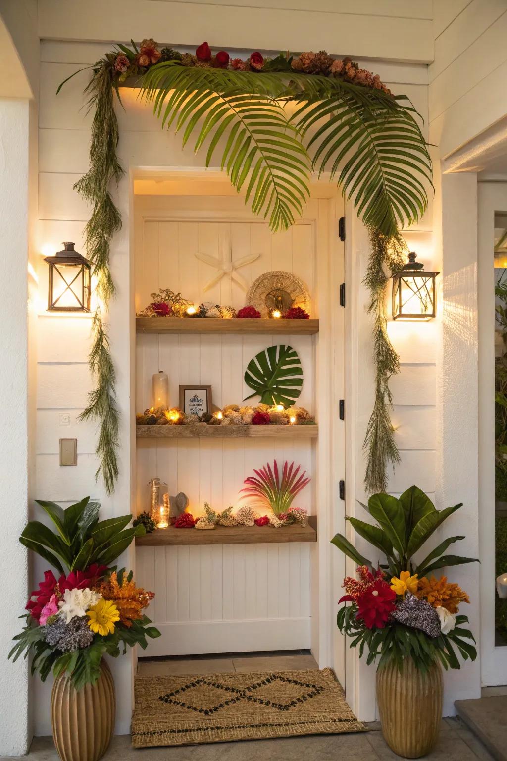 Wall-mounted shelving showcases tropical ornaments and keepsakes in the entryway.