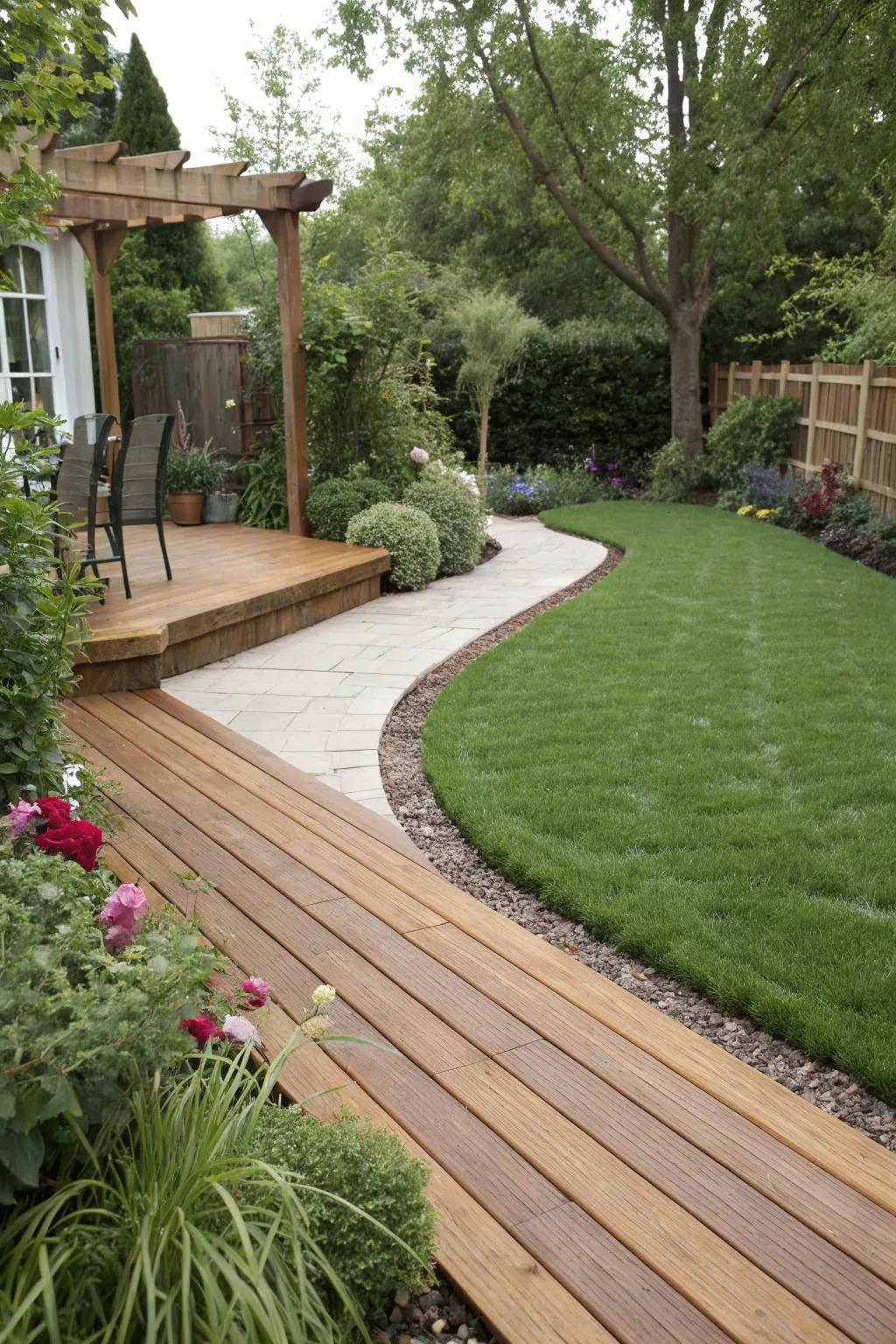 A deck softened with turf borders.