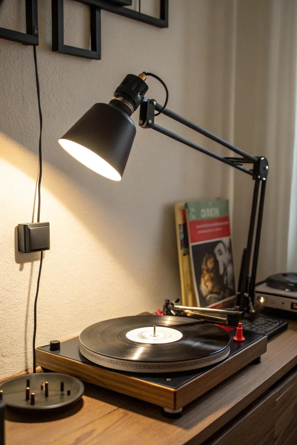A swing arm lamp offering adaptable illumination for a record player.
