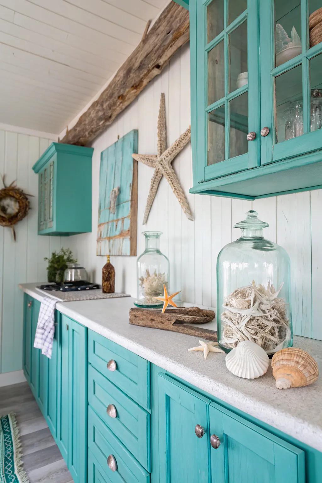 Seaside design features resulting in a beach-like atmosphere inside a turquoise cooking area.