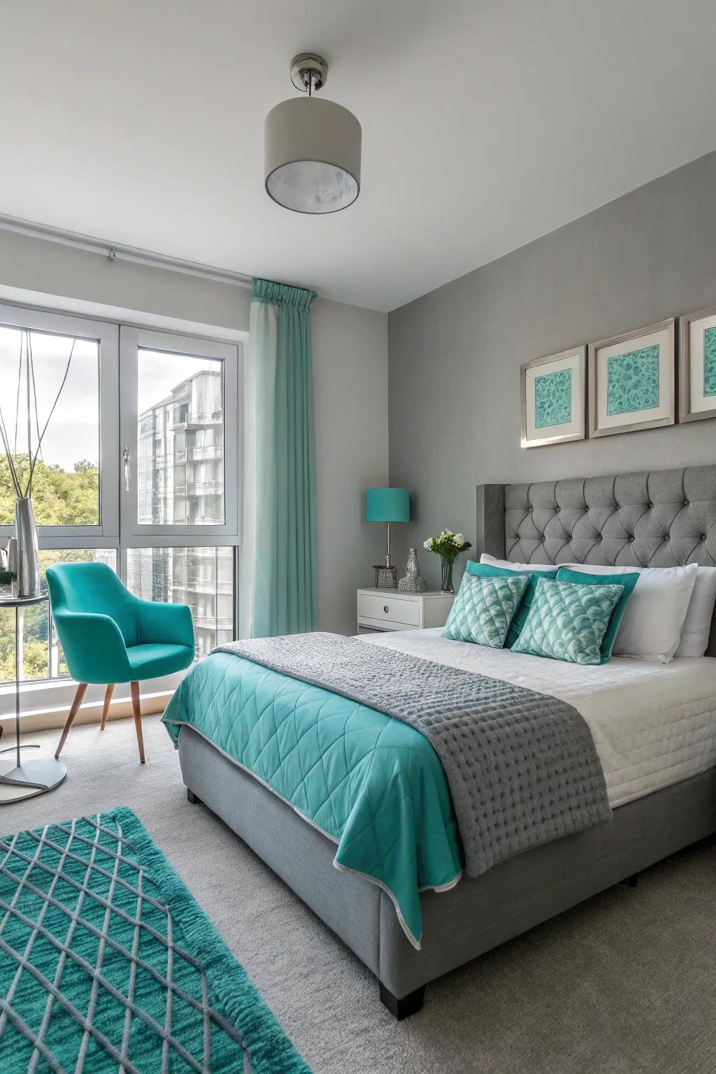 Turquoise and grey create a sophisticated look.