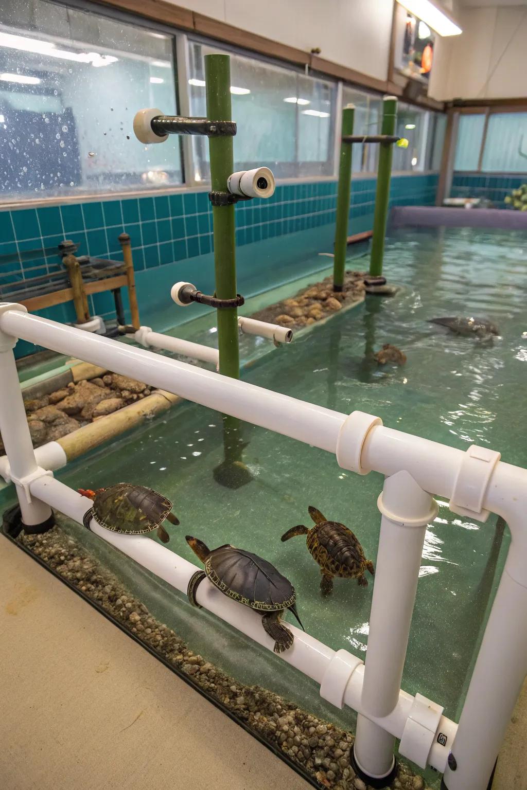 PVC pipes create an exciting playground for your turtle's enjoyment.