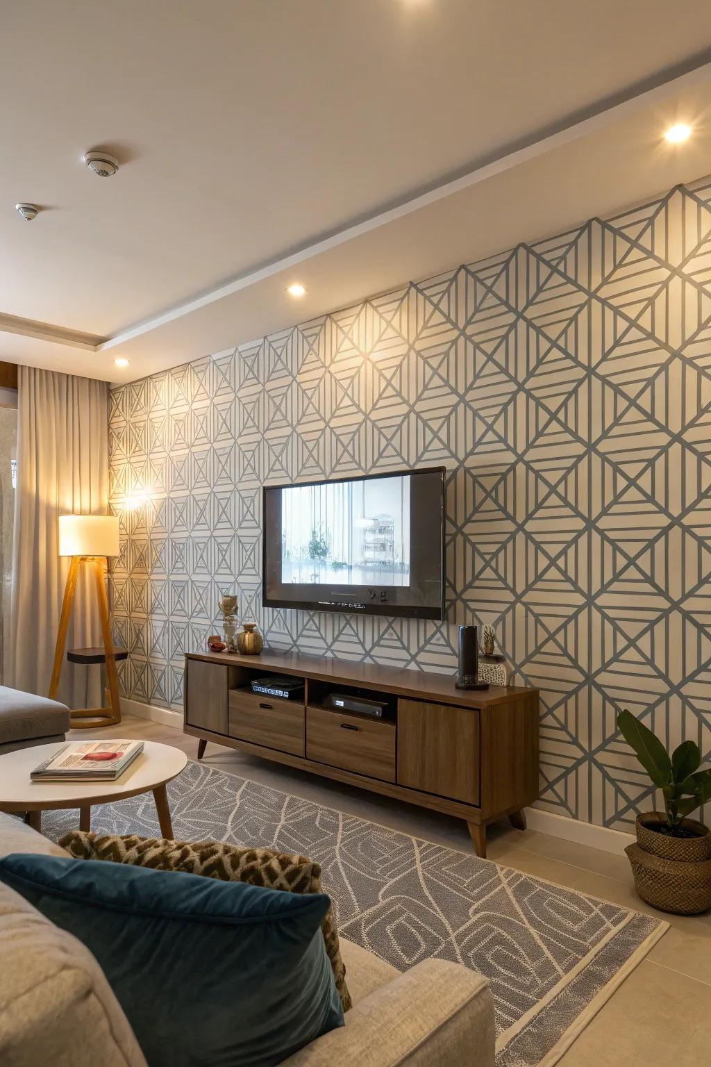 Patterned wallcovering imparts a modern twist to this TV accent wall.