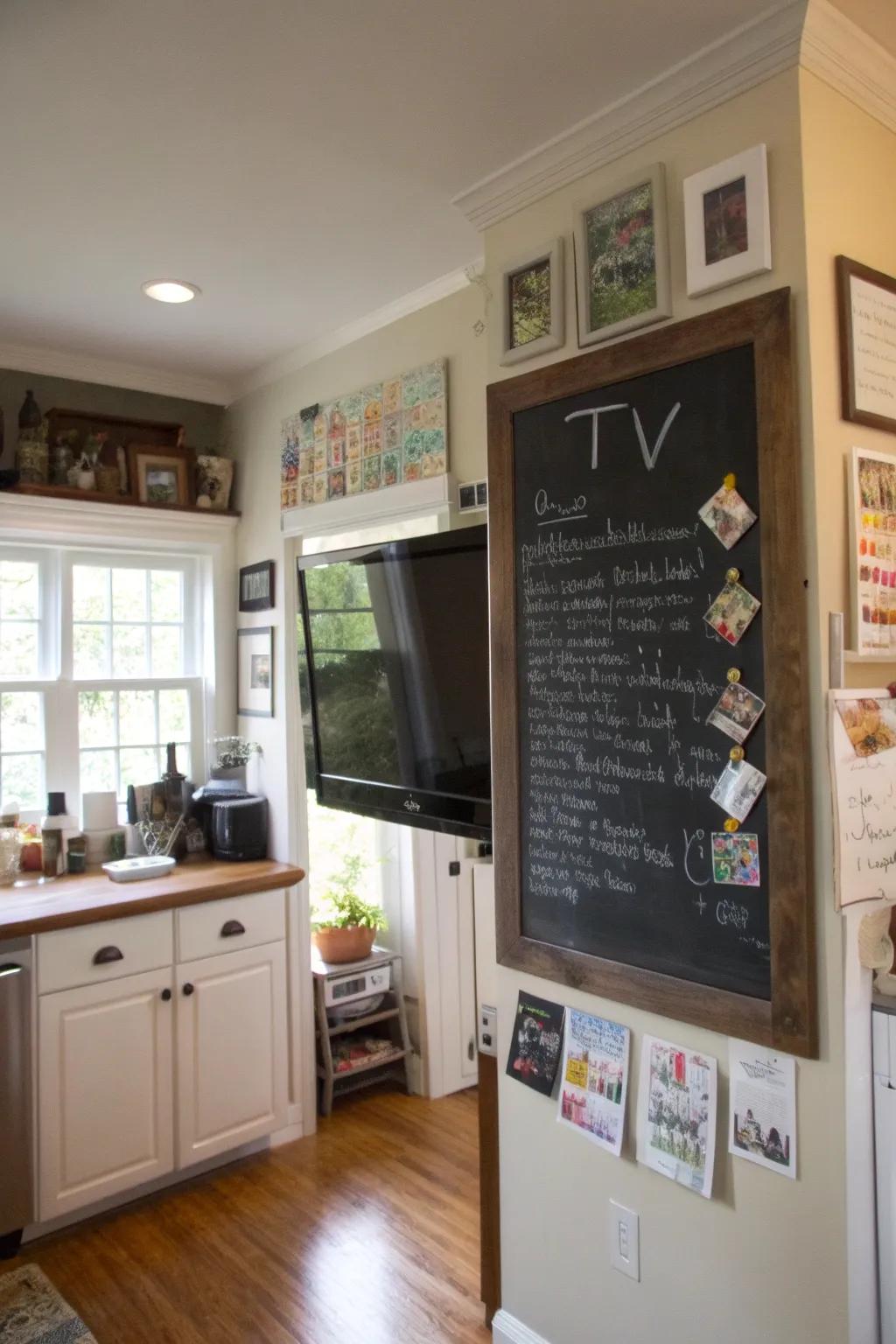 A chalkboard-framed television in the cooking area, enhancing functionality and creativity.