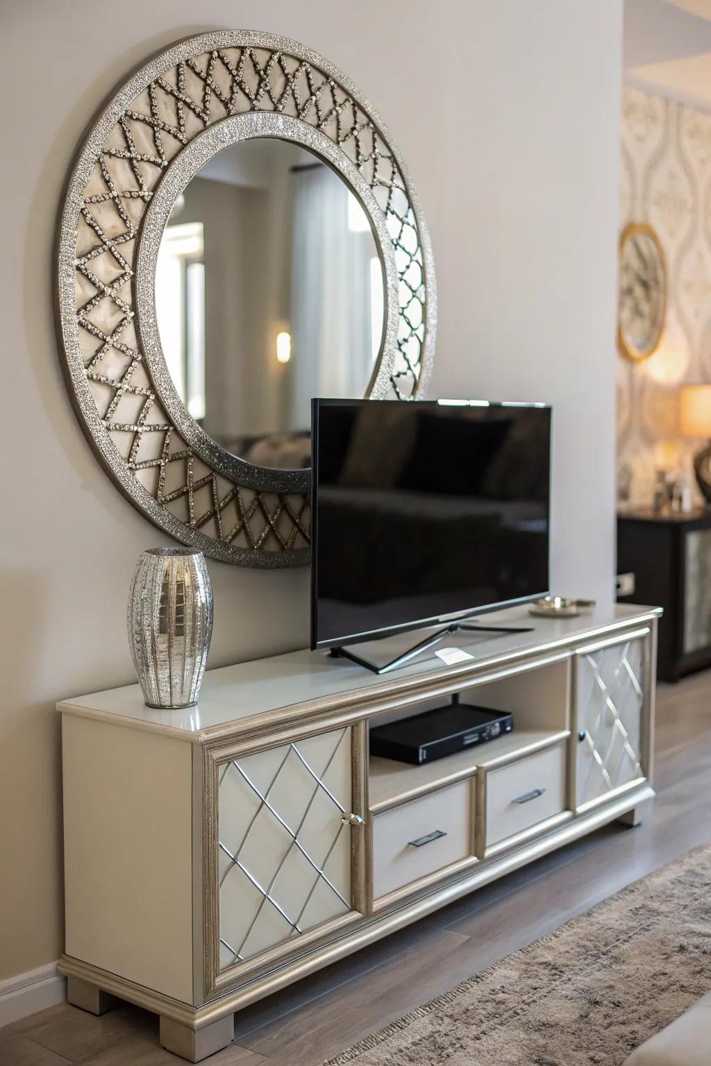 A reflective surface enhancing light and depth to your entertainment center.