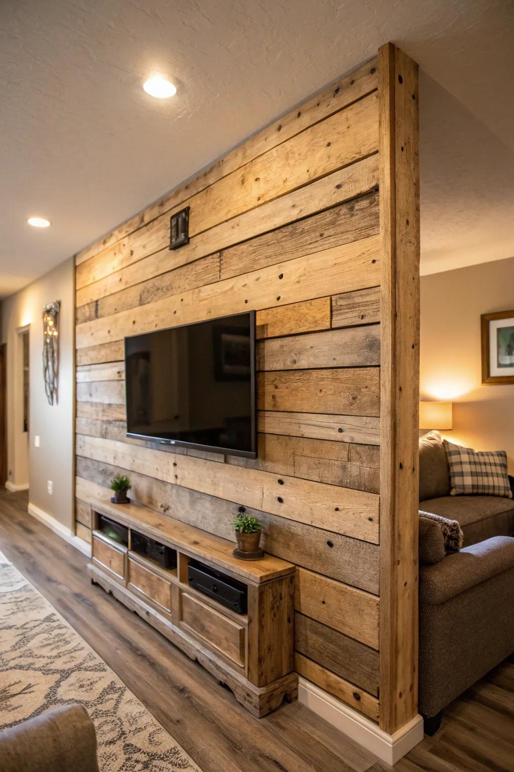 A countryside retreat with salvaged lumber details.