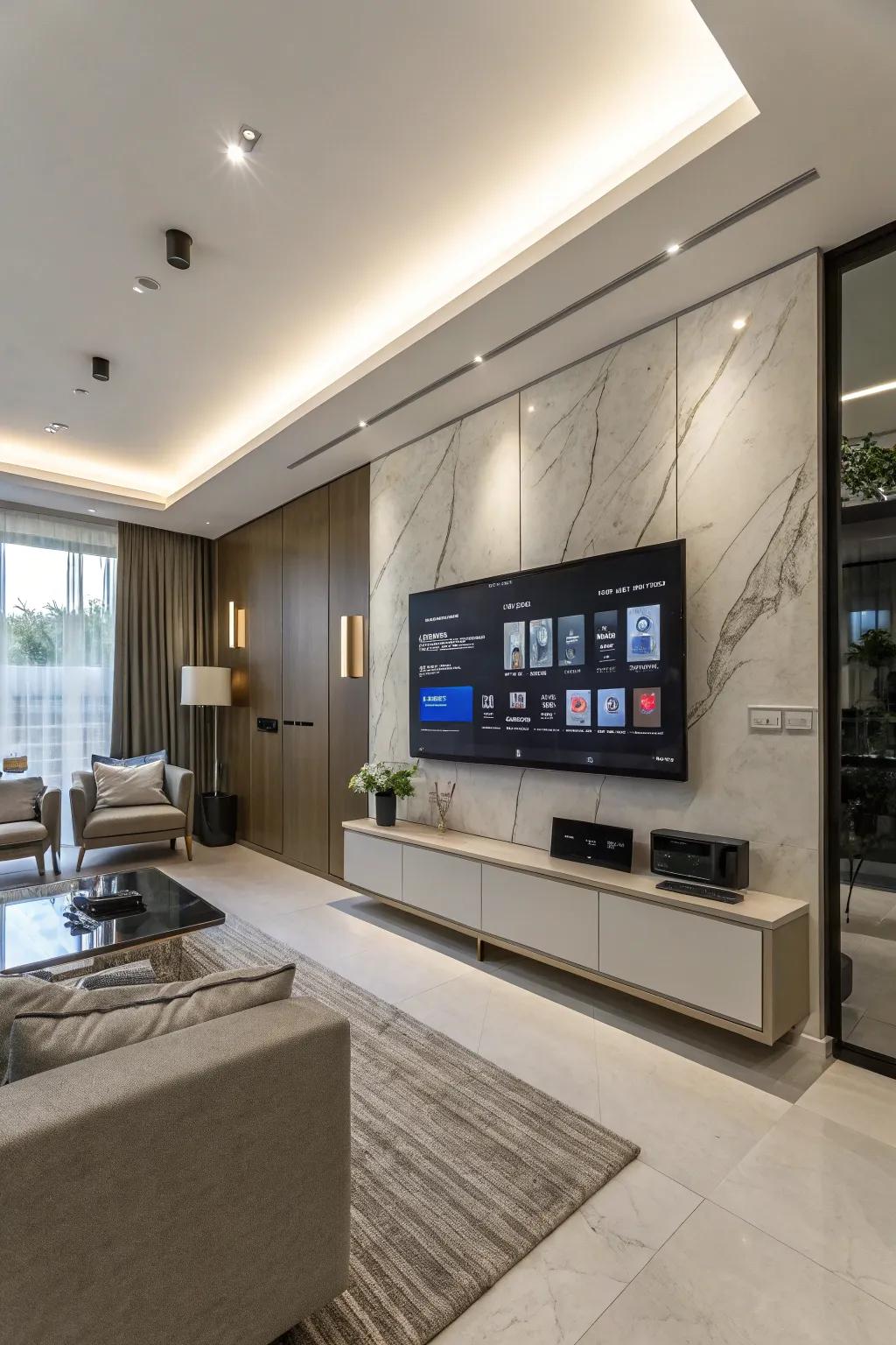 Smart tech integration adds modern convenience to this TV wall.