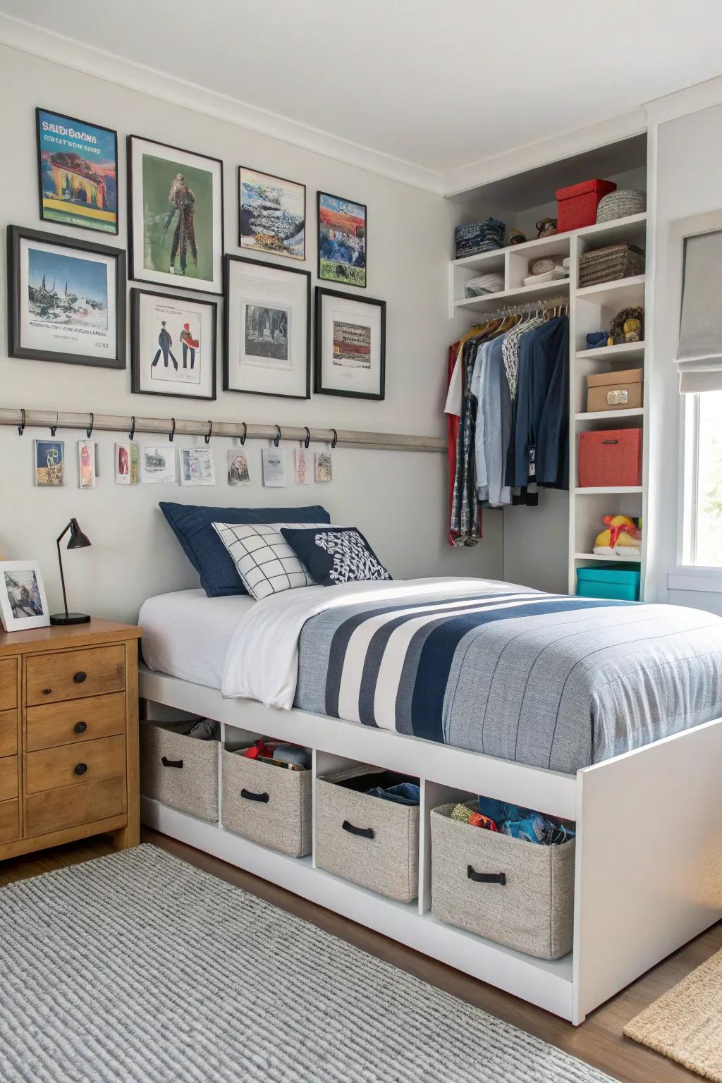 An orderly room featuring creative storage ideas.