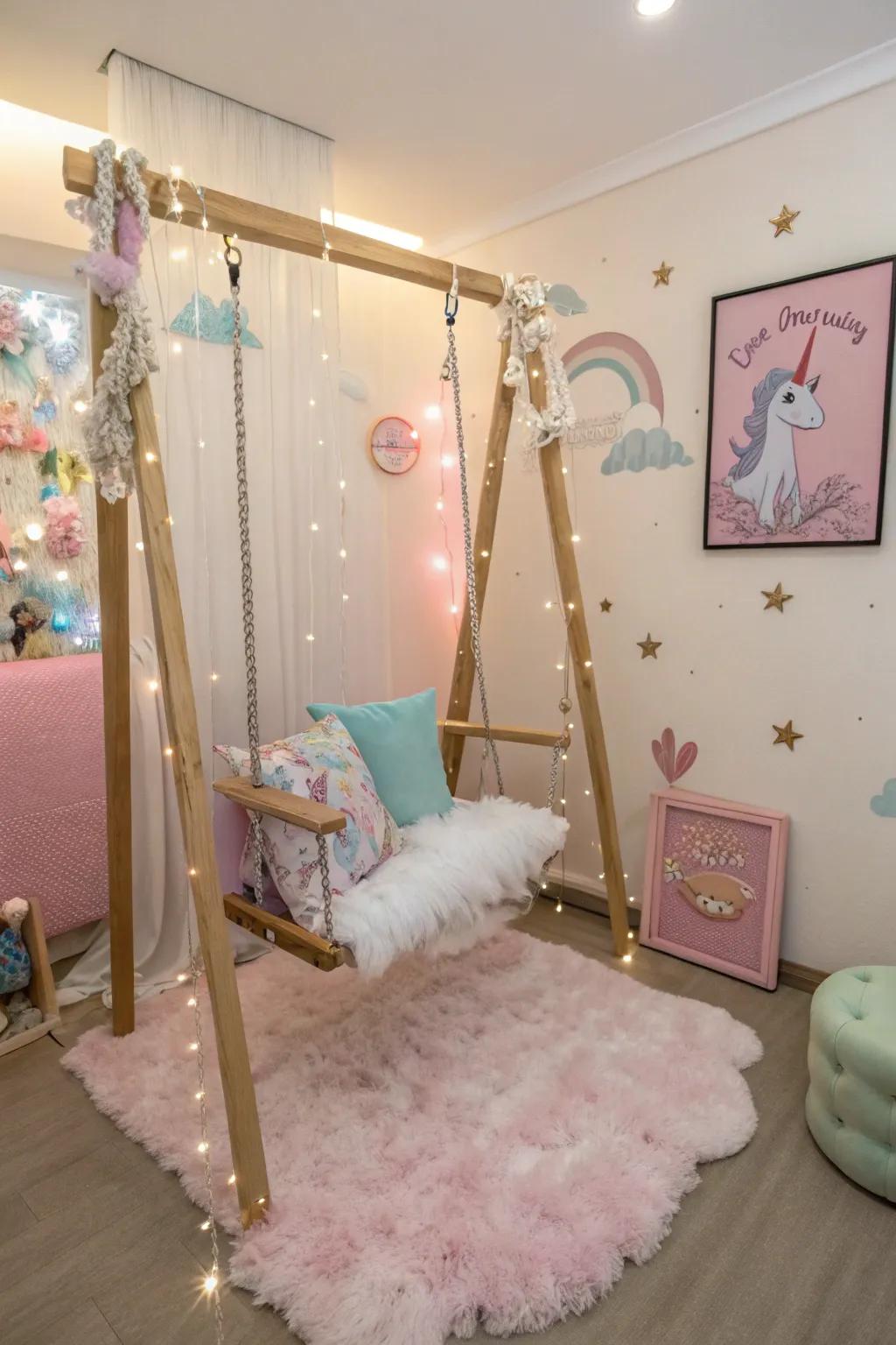 A swing introduces a playful and unexpected element to the fantasy creature space.