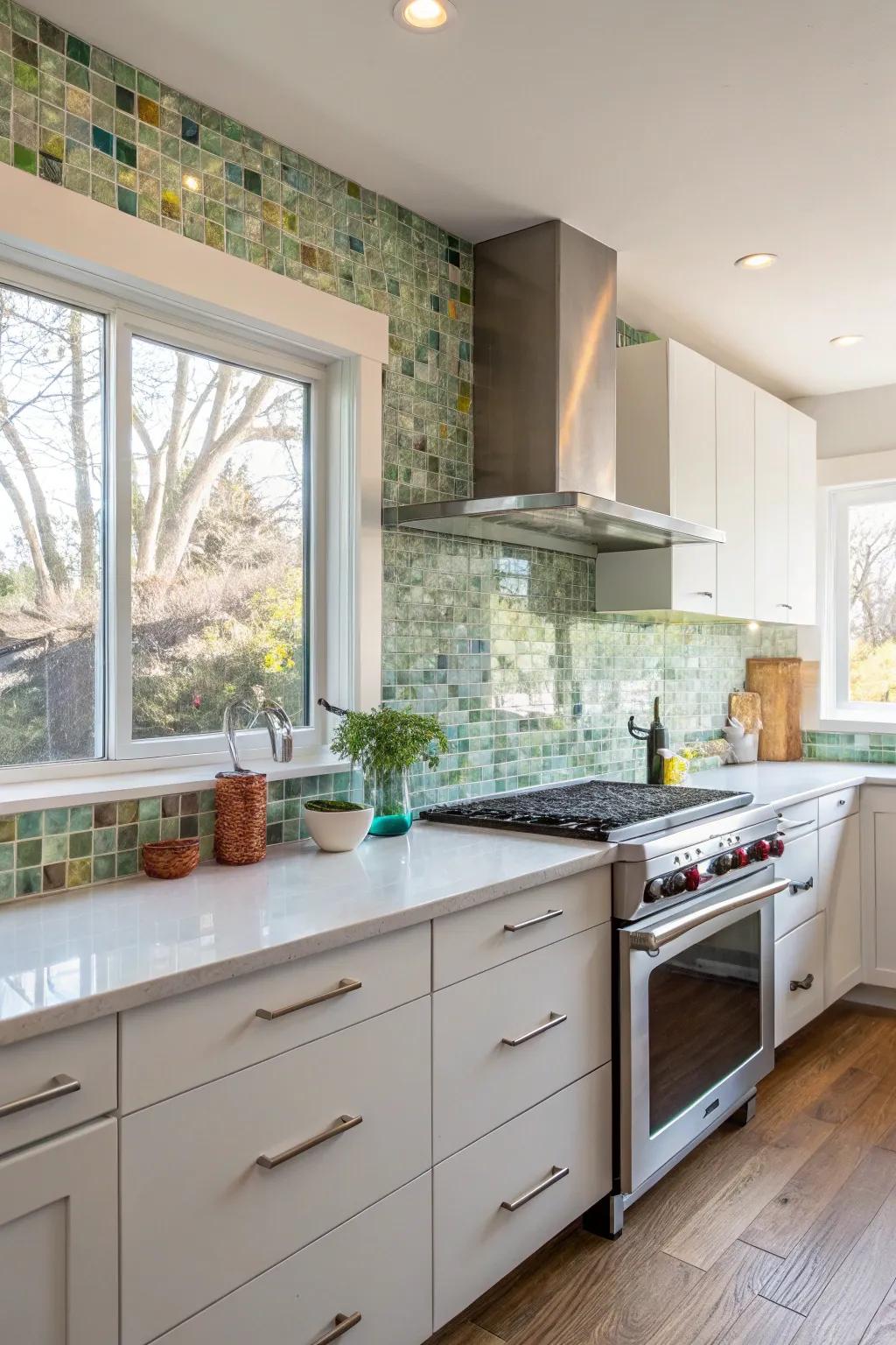 Combine style and sustainability using reclaimed glass fixtures.