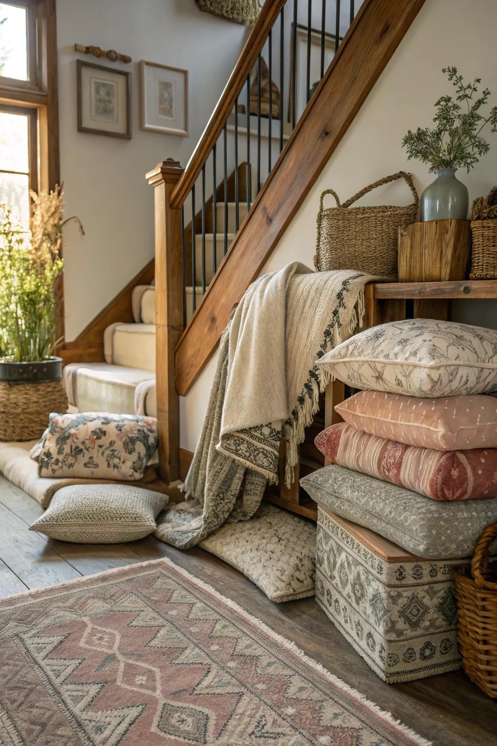 Layered feels add depth and richness to the upper hallway.