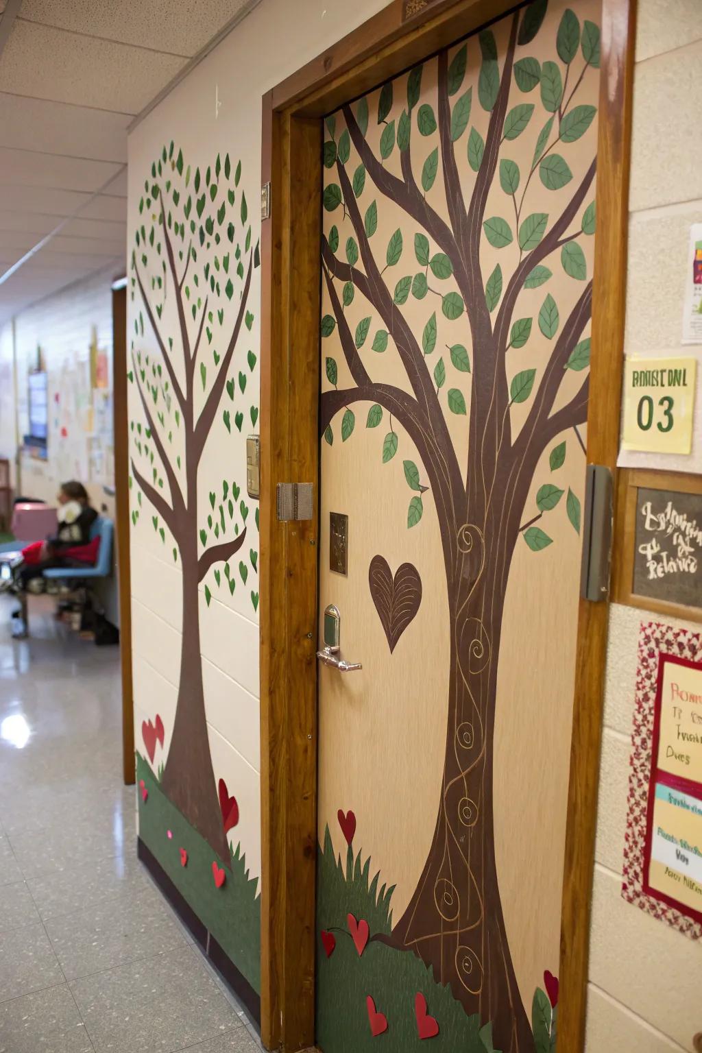 An enchanting classroom entrance with a mystical woodland theme, showcasing heart-shaped trees.