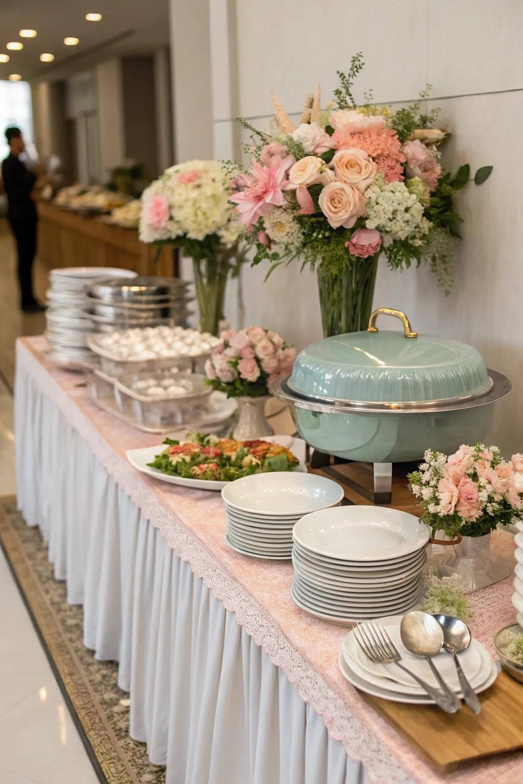 An elegant buffet arrangement fosters mingling and discussions.