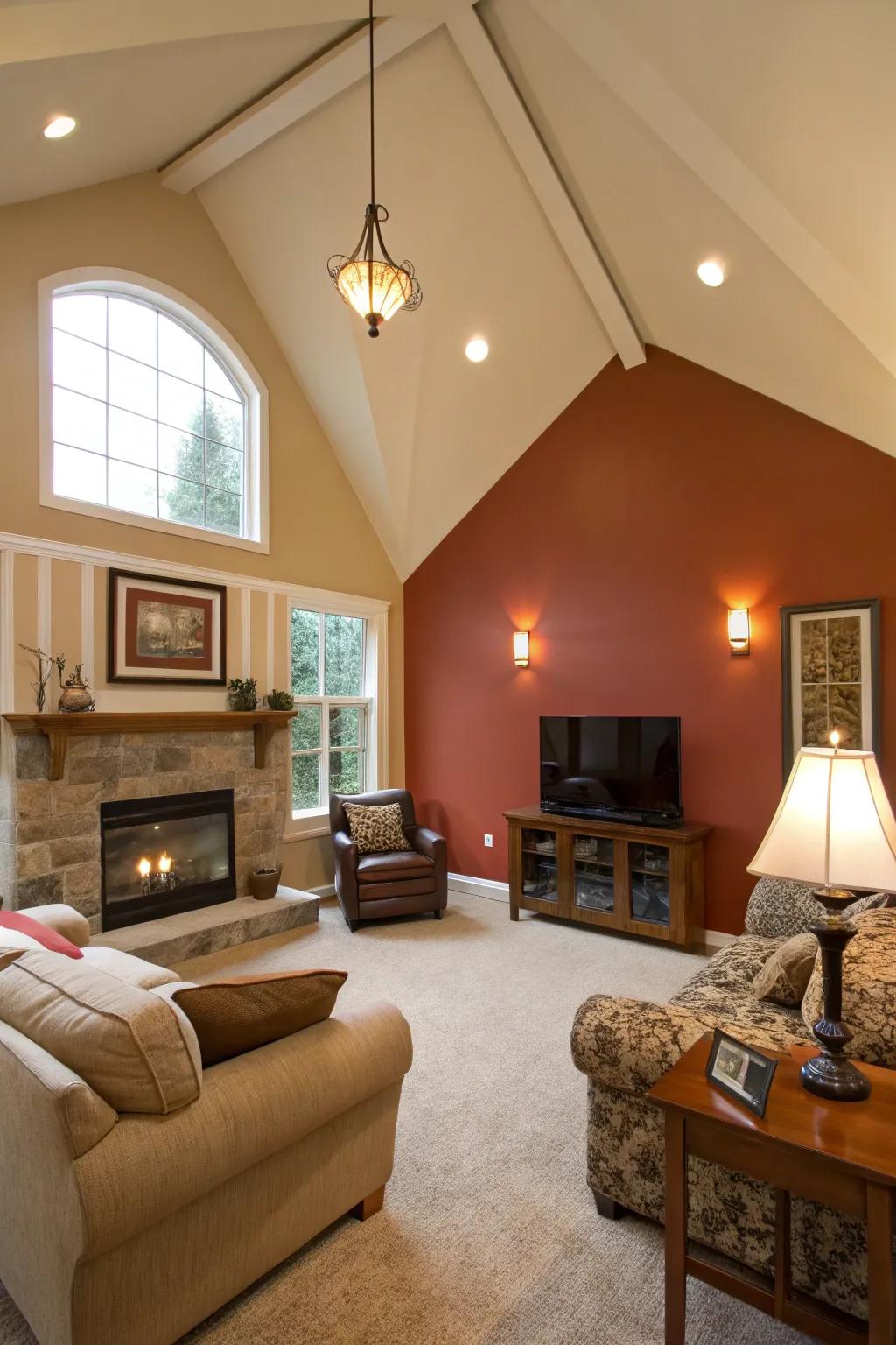 Living room with vaulted ceiling and two-tone painted feature wall