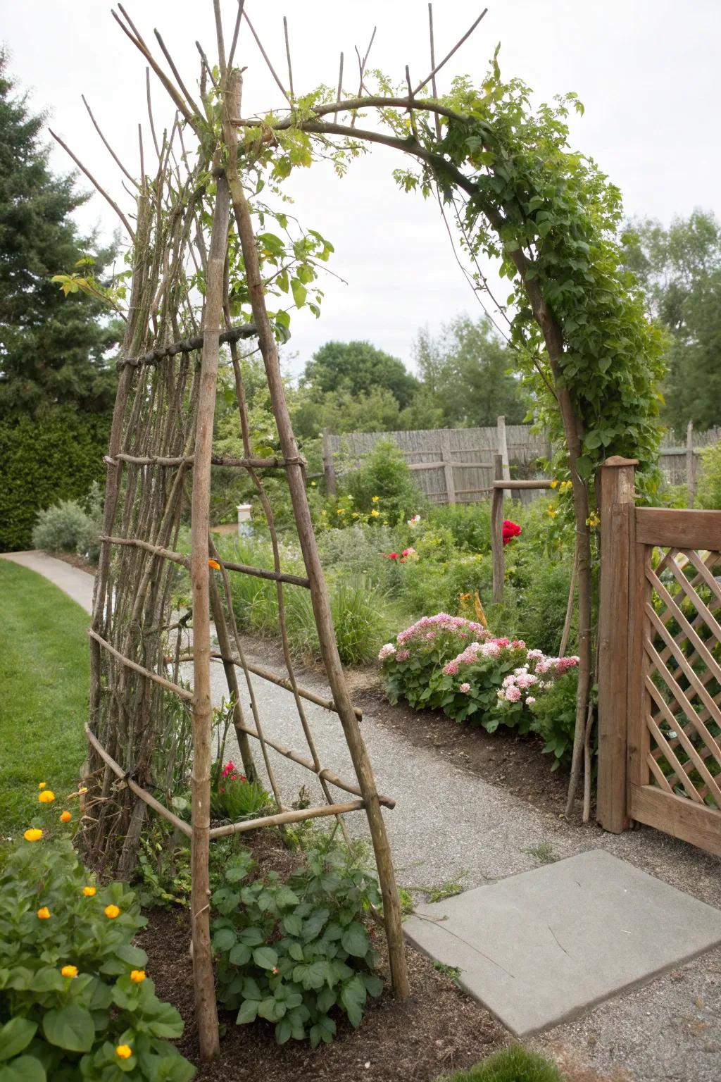 Handmade birch trellises add a fanciful touch.