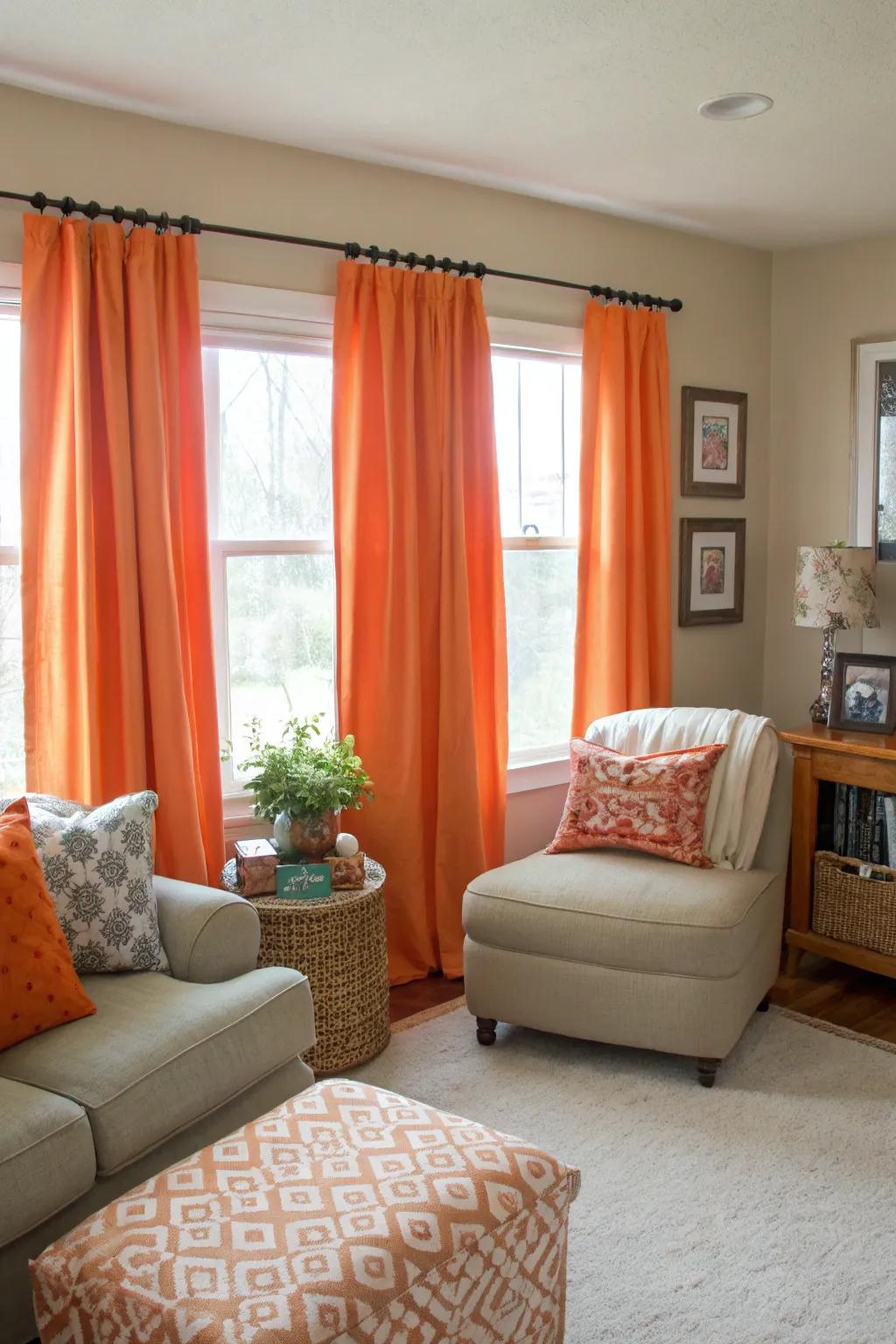 Orange window coverings bring warmth and cheer.