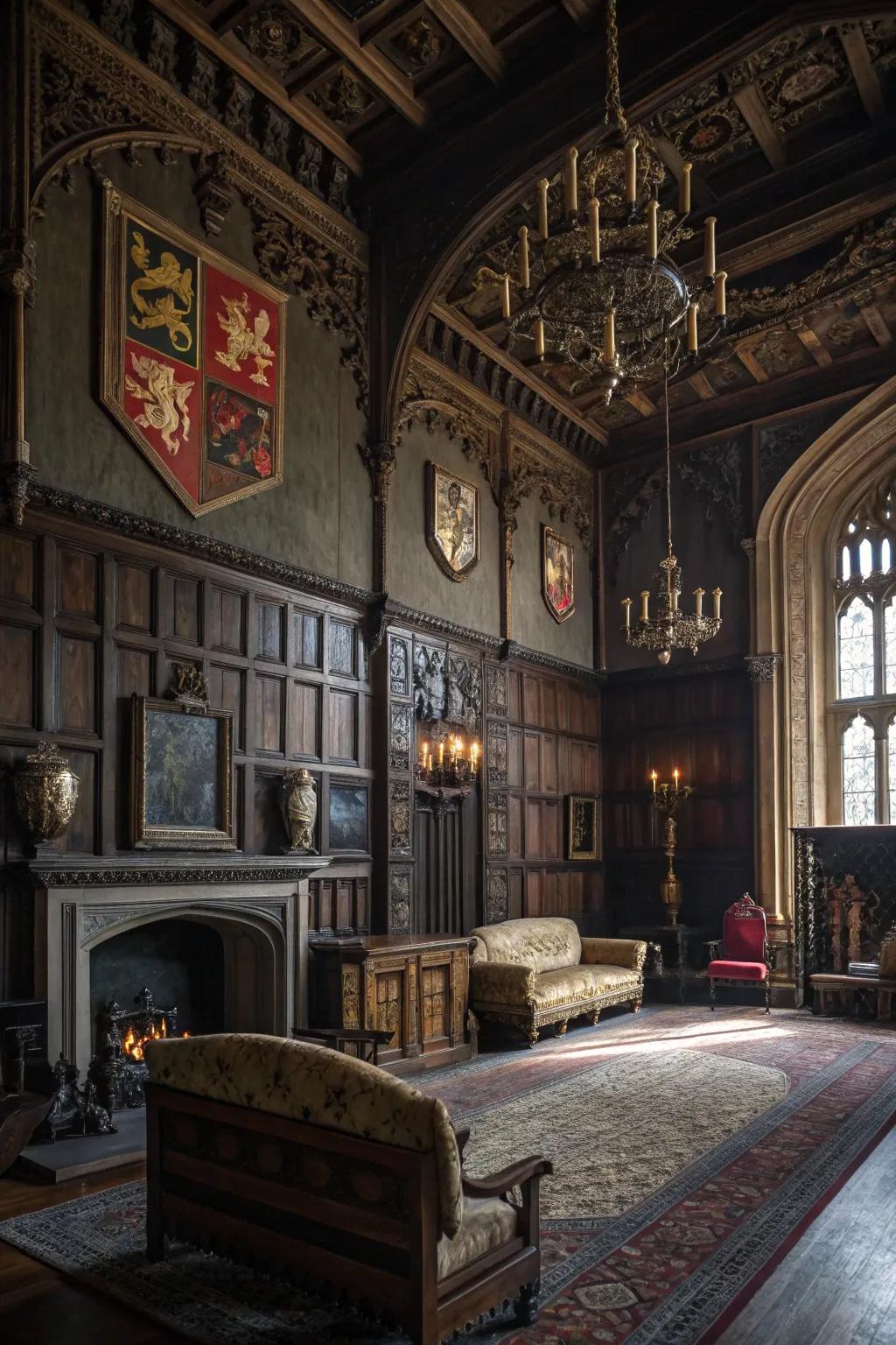 Medieval-inspired ornamentation evokes a sensation of antiquity.