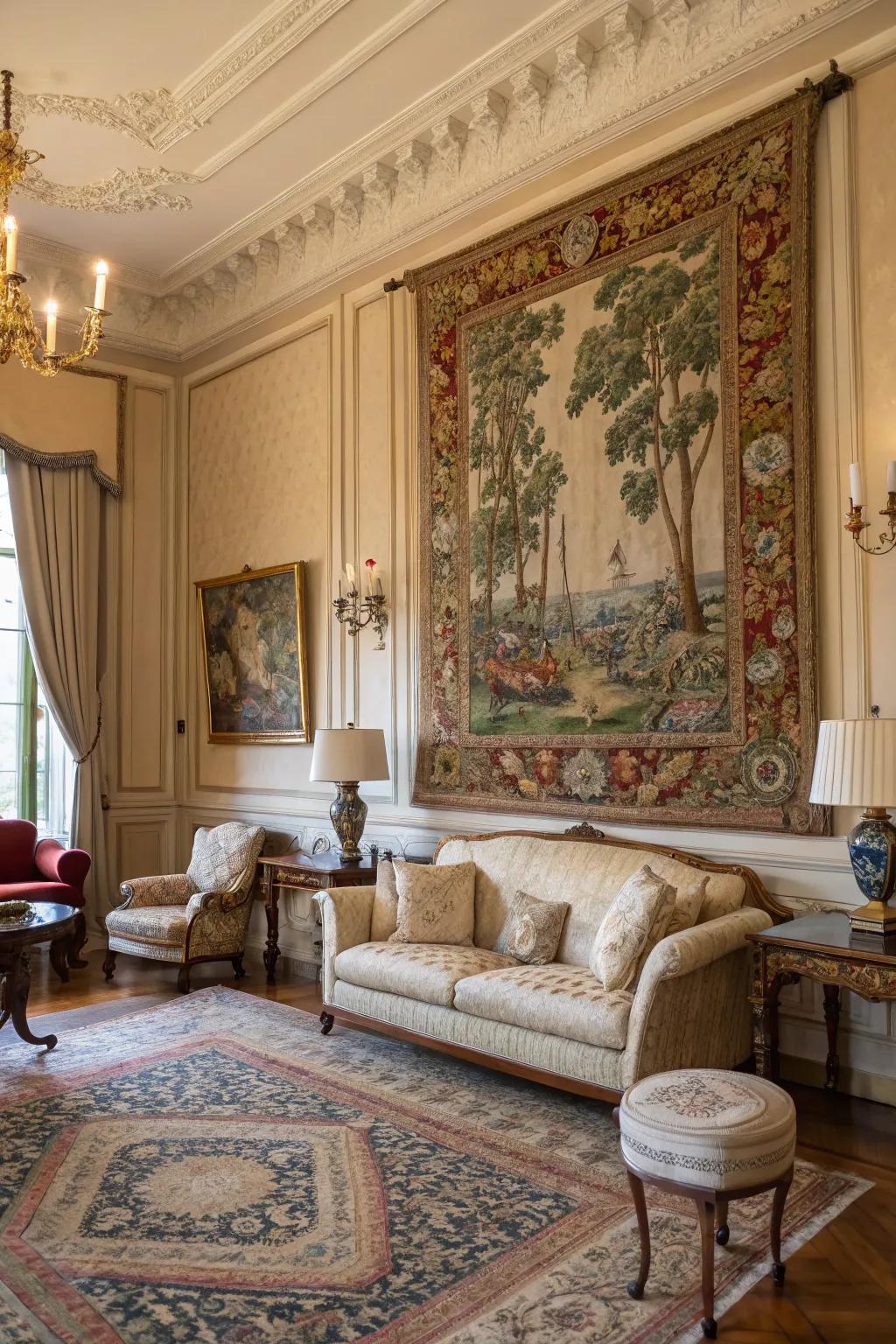 A decorative weaving enhances texture and historic charm to the space.