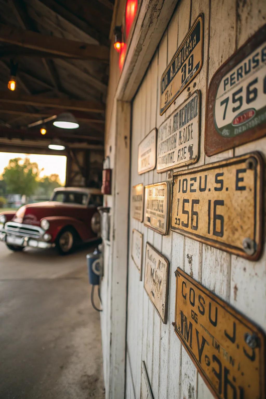 Antique vehicle emblems add a personal touch to the decor.