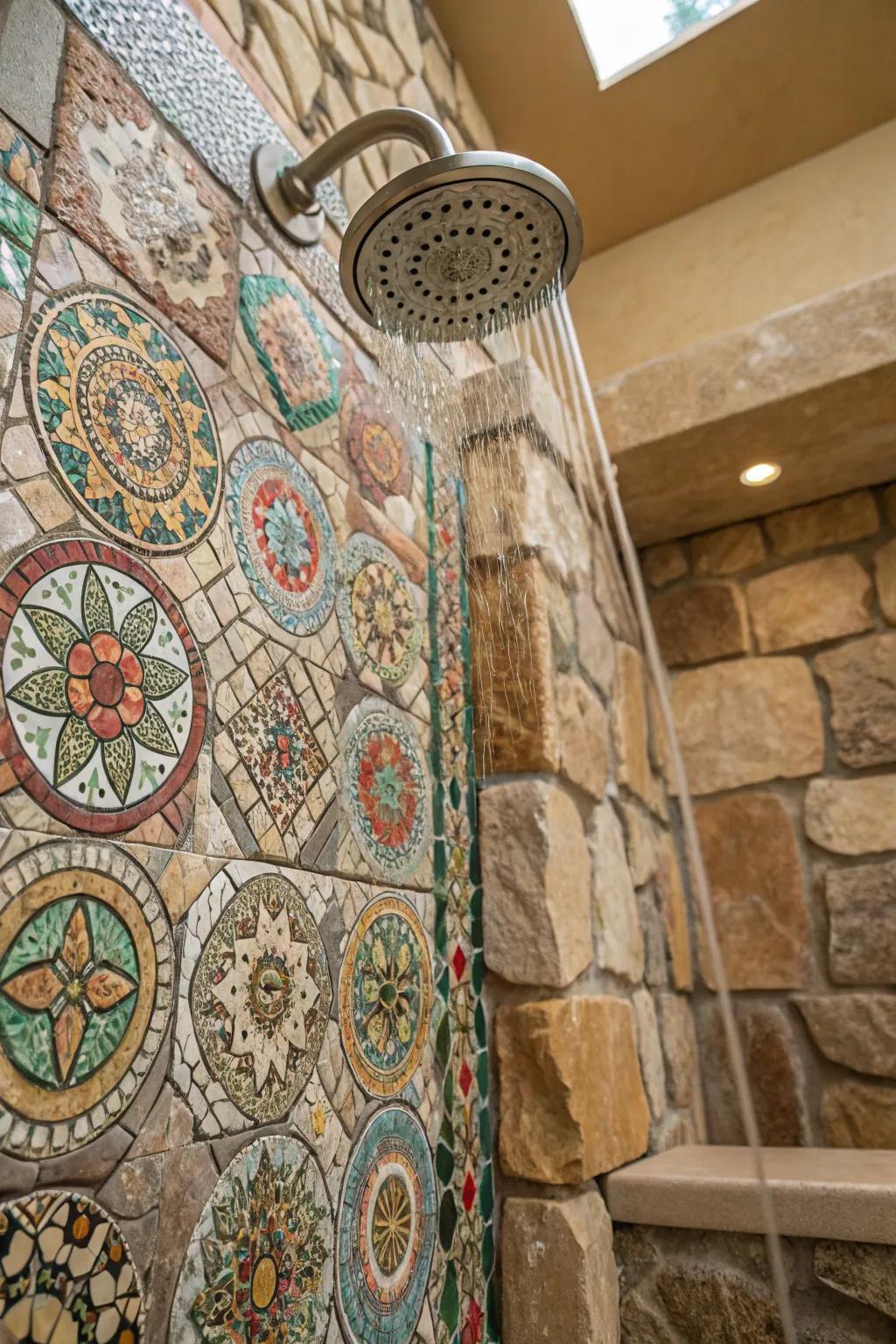 Shower enclosure with tile work patterns and rock structures.